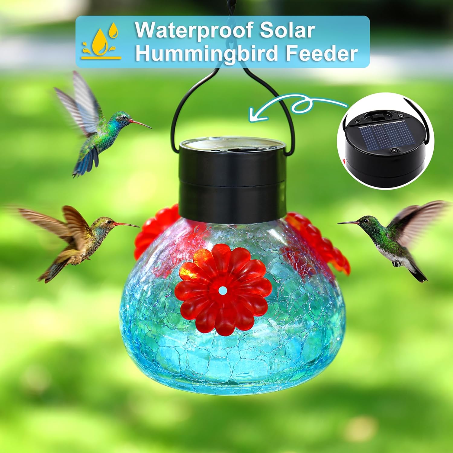 VOREEN 17oz Solar Hummingbird Feeder with LED Light, Lavender-Blue Ombre Crackle Glass Nectar Bottle, Waterproof, Easy-Clean Wide Mouth & Rust-Proof Silicone Ports for Outdoor Garden, Yard, Patio