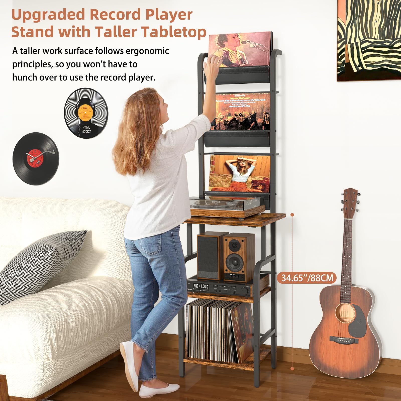Bikoney Plattenspieler Ständer mit Schallplatten Aufbewahrung, Hoher Vinyl Regal für bis zu 200 LPs, Plattenspieler Tisch mit Wandhalterung, Vinyl Schrank für Wohnzimmer oder Schlafzimmer