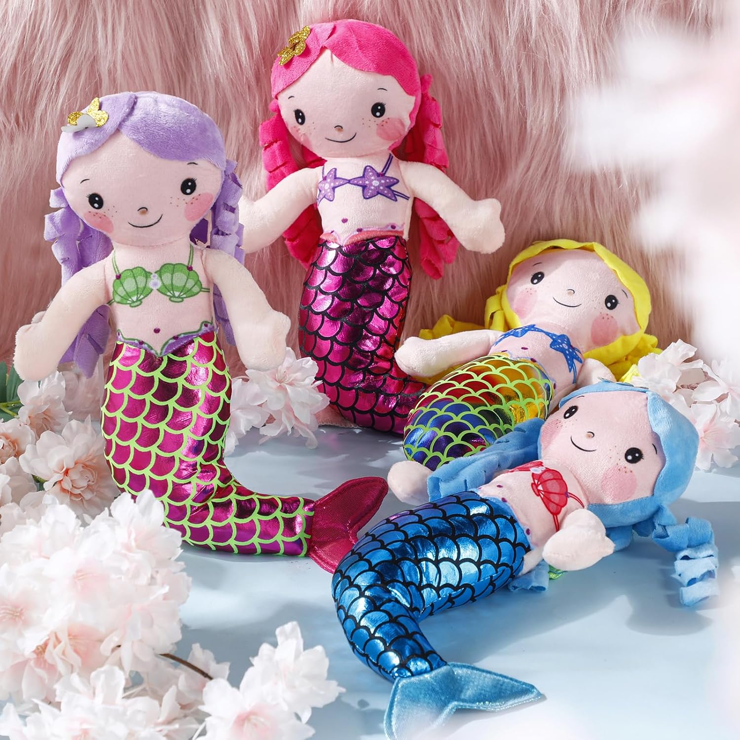 Poen 4 Pcs Mermaid Doll 11.8 Inch Mermaid Soft Rag Stuffed Doll Princess Plush Toy for Kids Girls Birthday Party Decorations
