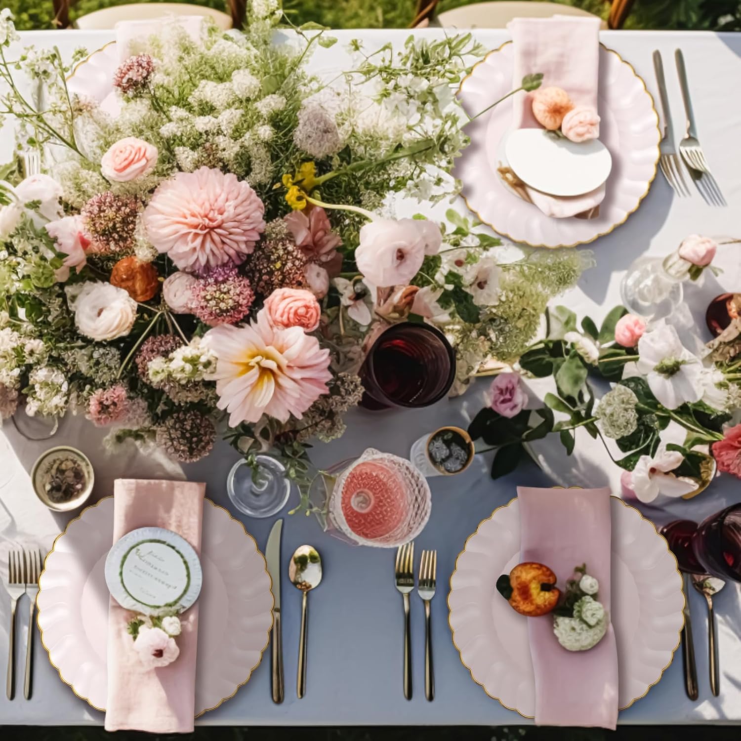 Hushee Plastic Plates with Gold Trim 6'' Small Round Party Plates Disposable Vintage Gold Rimmed Dessert Plates for Birthday Buffet Wedding Catering Celebration Reception(Pink, 100 Pcs)