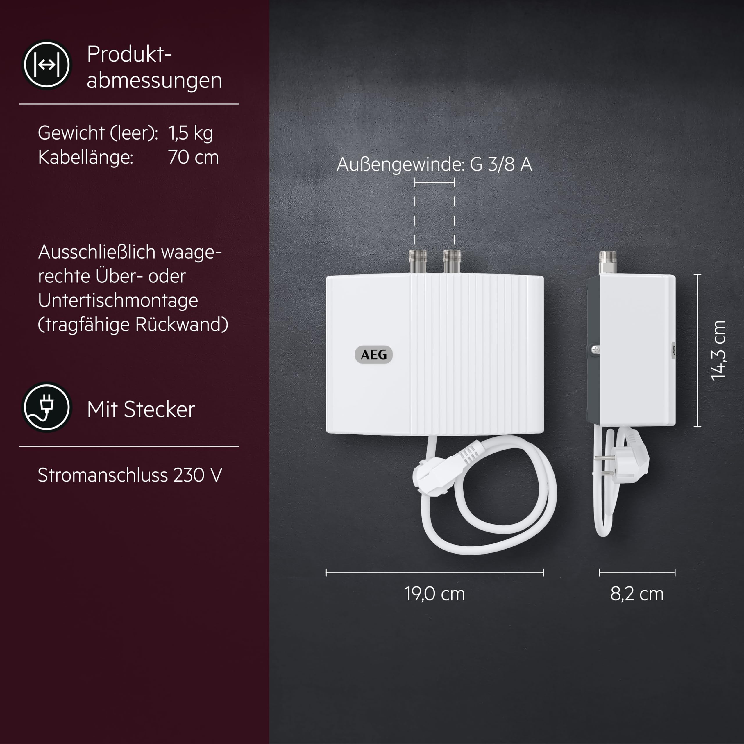 AEG 189554 - Scaldabagno Istantaneo Elettrico - MTH 350, 230 V. Eccellenza tedesca - Made in Germany - 3,5 kW, facile installazione a spina