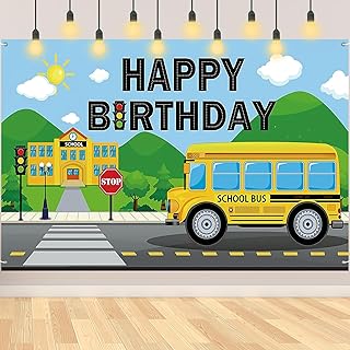 Wheels on The Bus Birthday Decorations - Yellow School Bus Party Backdrop Banner for Boys Girls - Car Train Theme Party Favor