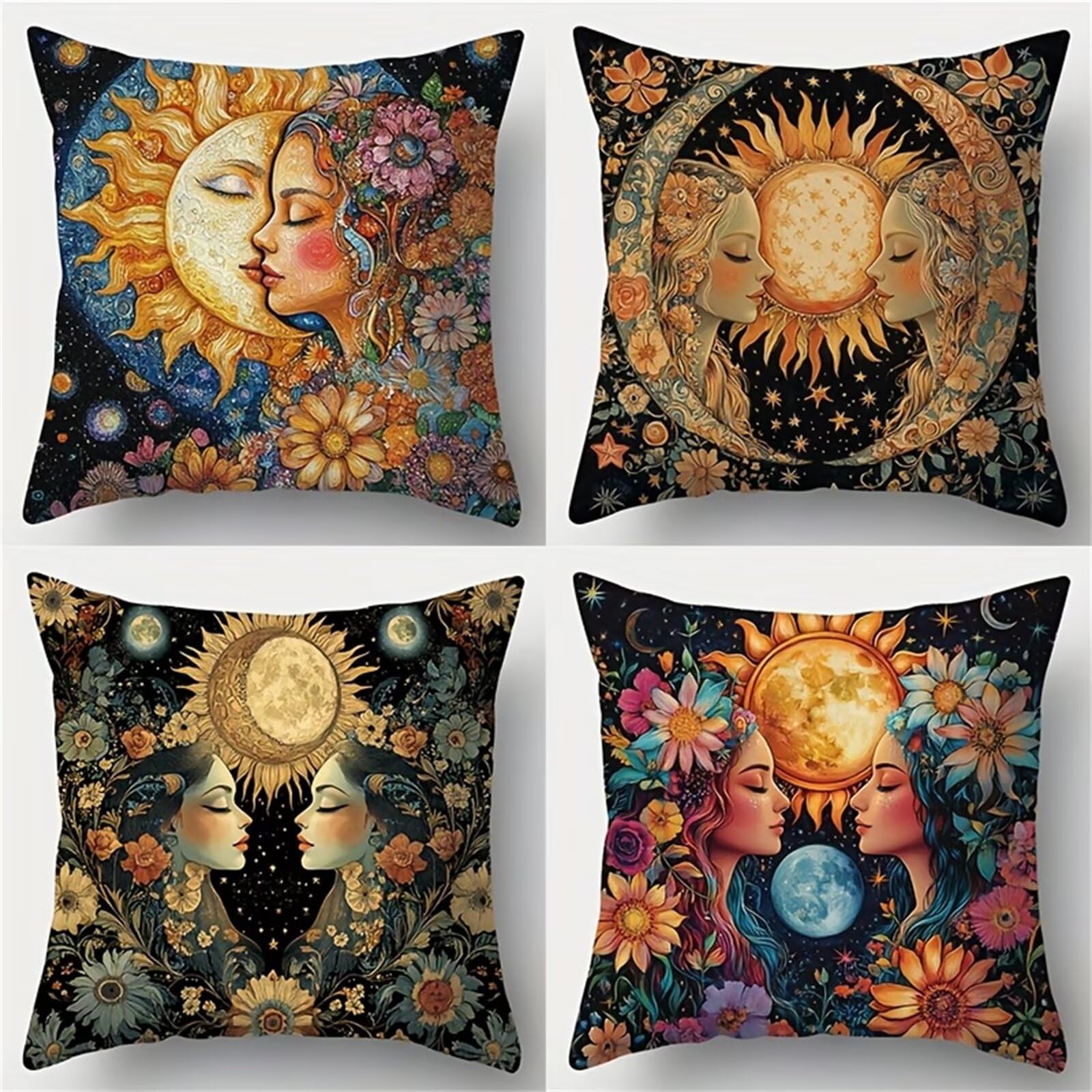 QiHon Floral Bohemian Girl Cushion Covers 30x30 cm Set of 4, Decorative Throw Pillow Cases, 12x12 inch Square Linen Pillowcases for Sofa Living Room Bedroo