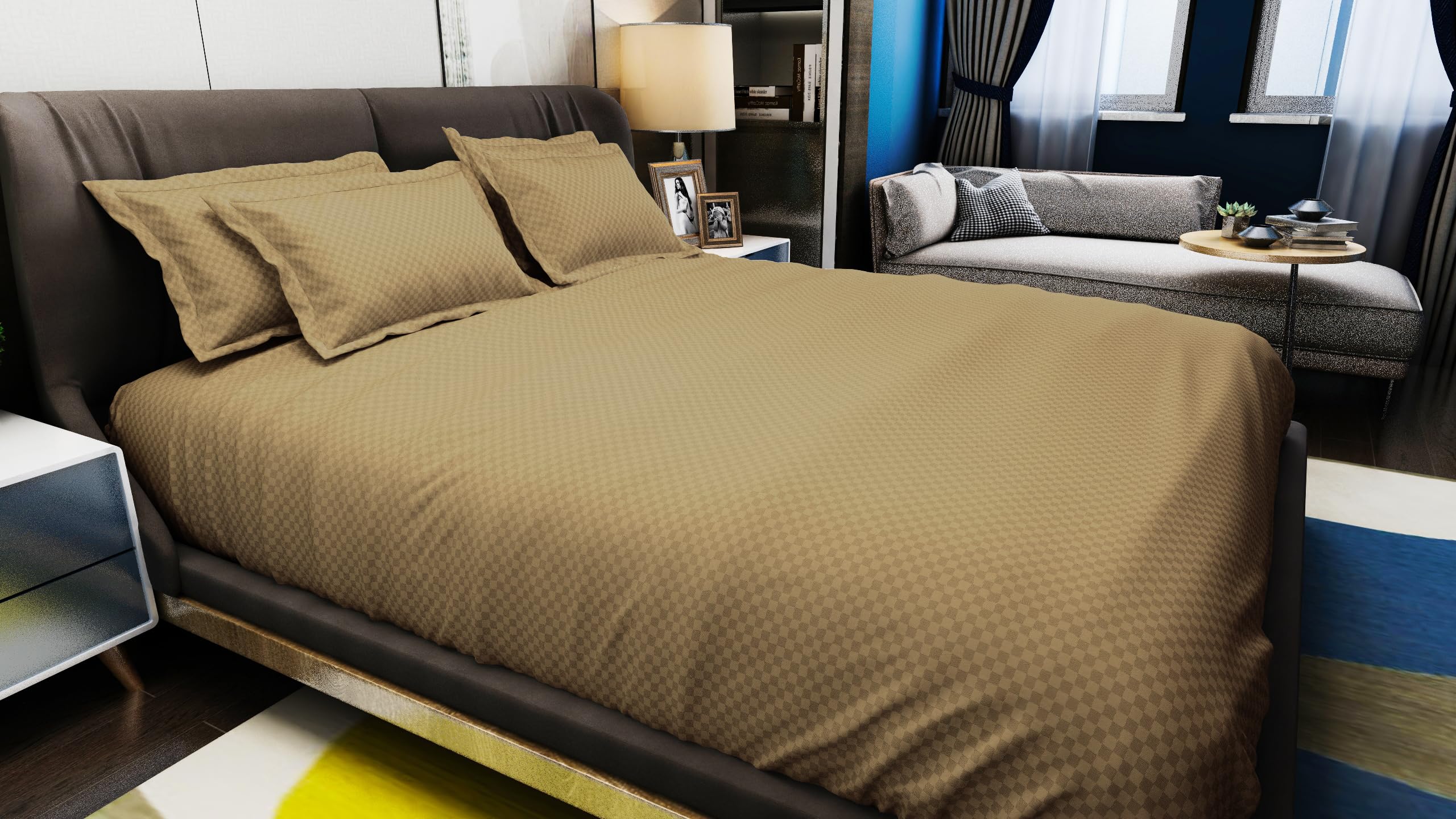 LYROO 400 London Luxury Checks Cotton Bedsheet (108x108) for King Size Double Bed with 2 Pillow Covers (18x28) for Home Bed Room & Hotels