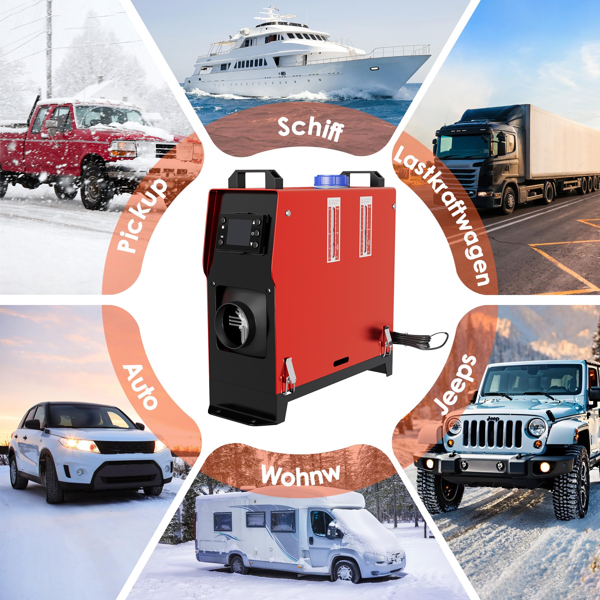 LARS360 Riscaldamento da pavimento diesel per auto, 12 V, 5000 W, riscaldatore ad aria diesel con interruttore LCD, riscaldamento ad aria per auto, camper, camion, camper, autobus (rosso e nero)