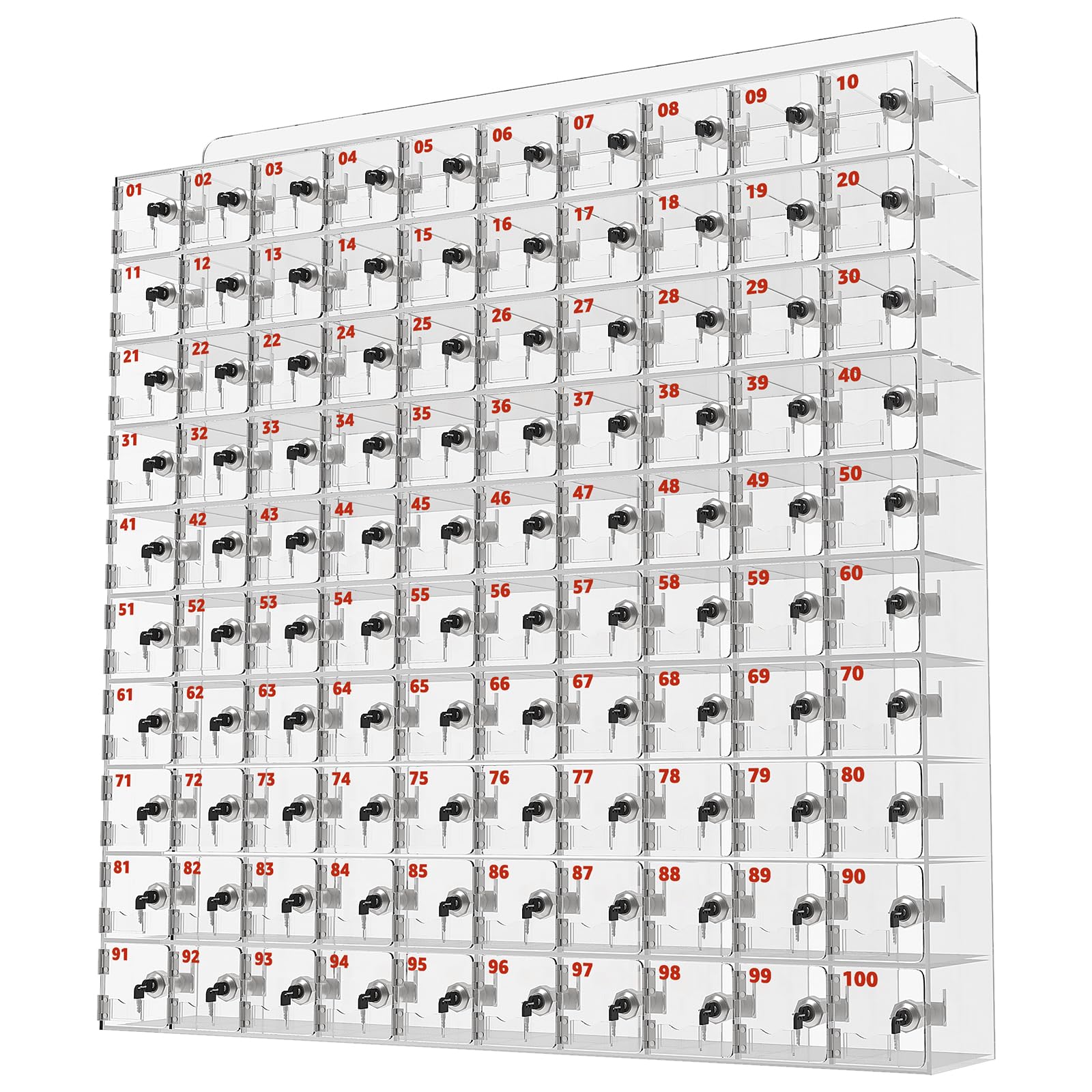 Casillero acrílico para celular con 100 compartimentos y llaves individuales