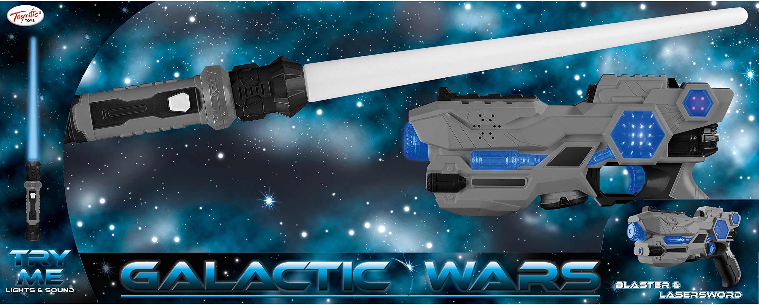 Galactic Wars Space Laser Sword and Gun Blaster Set with Flashing Lights and Sounds (one Size, Grey/Blue/Black)