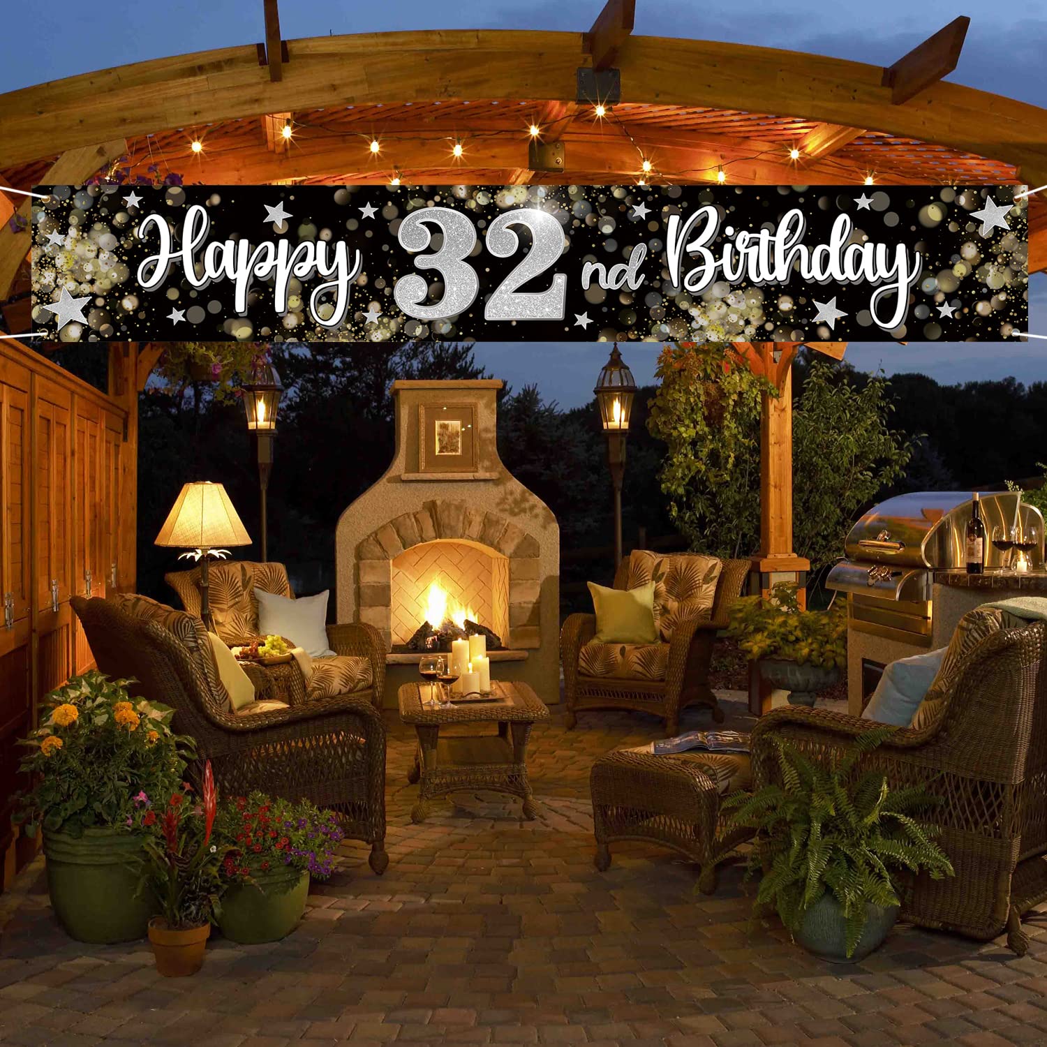 Happy 32nd Birthday Door Sign Banner - Black & Silver Star Design, Cheers To 32 Years, Party Decoration Backdrop - View #6