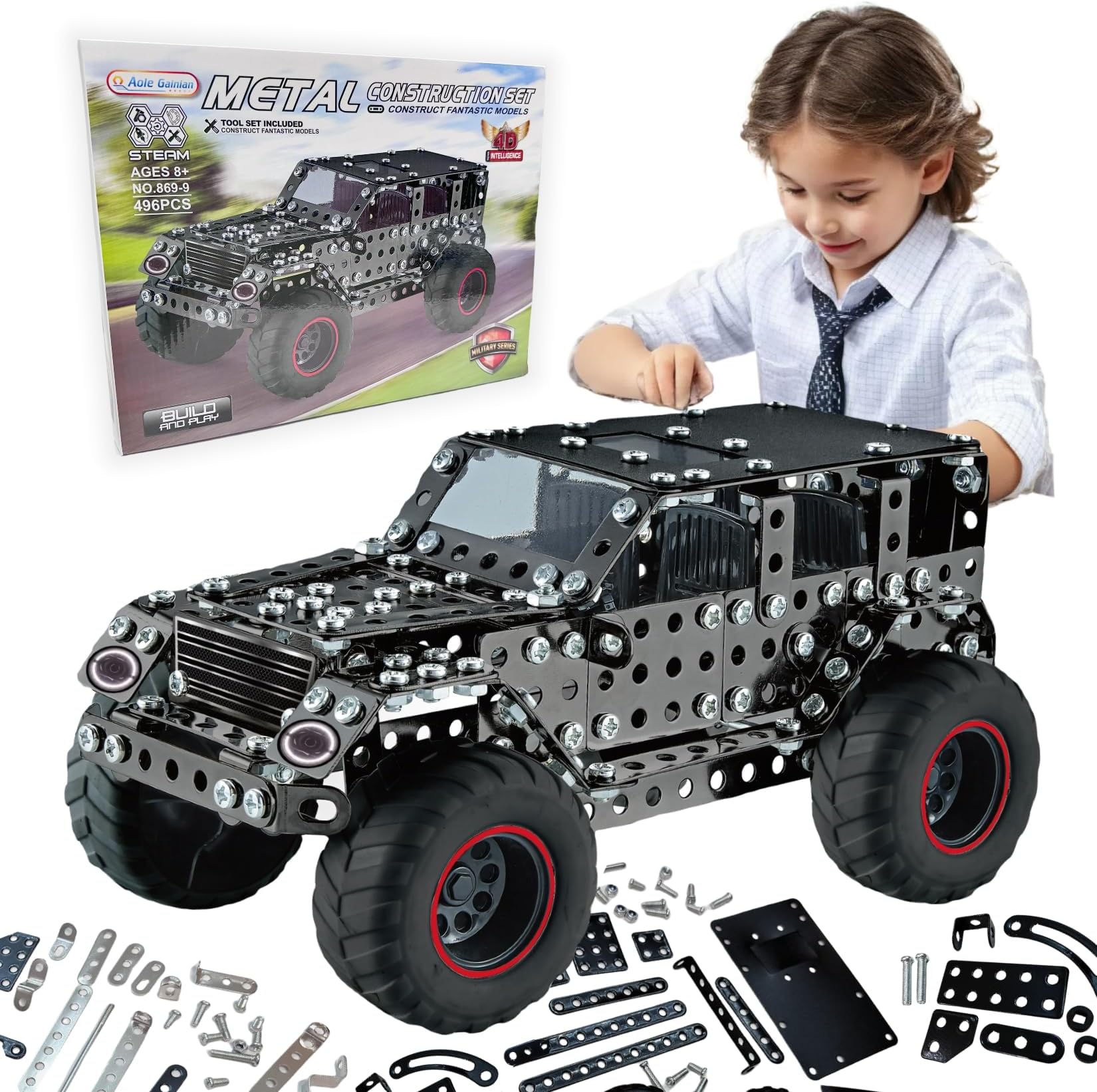 Metal Truck Building Assembly Toy 496PCS STEM Project Building Erector Sets Off-Road Car Model Kit Metal Construction Set Model Car Building Toy for Kids Ages 8+
