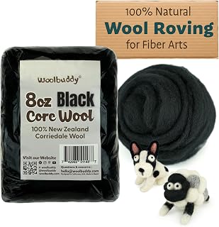 Woolbuddy Core Wool 8oz for Needle Felting (Black), Corriedale Wool Roving | Pure Carded Wool Roving for Needle Felting, Dryer Ball, Chunky Yarn, Needle Felt Mat, DIY Gift Home Décor (White Brown Black)