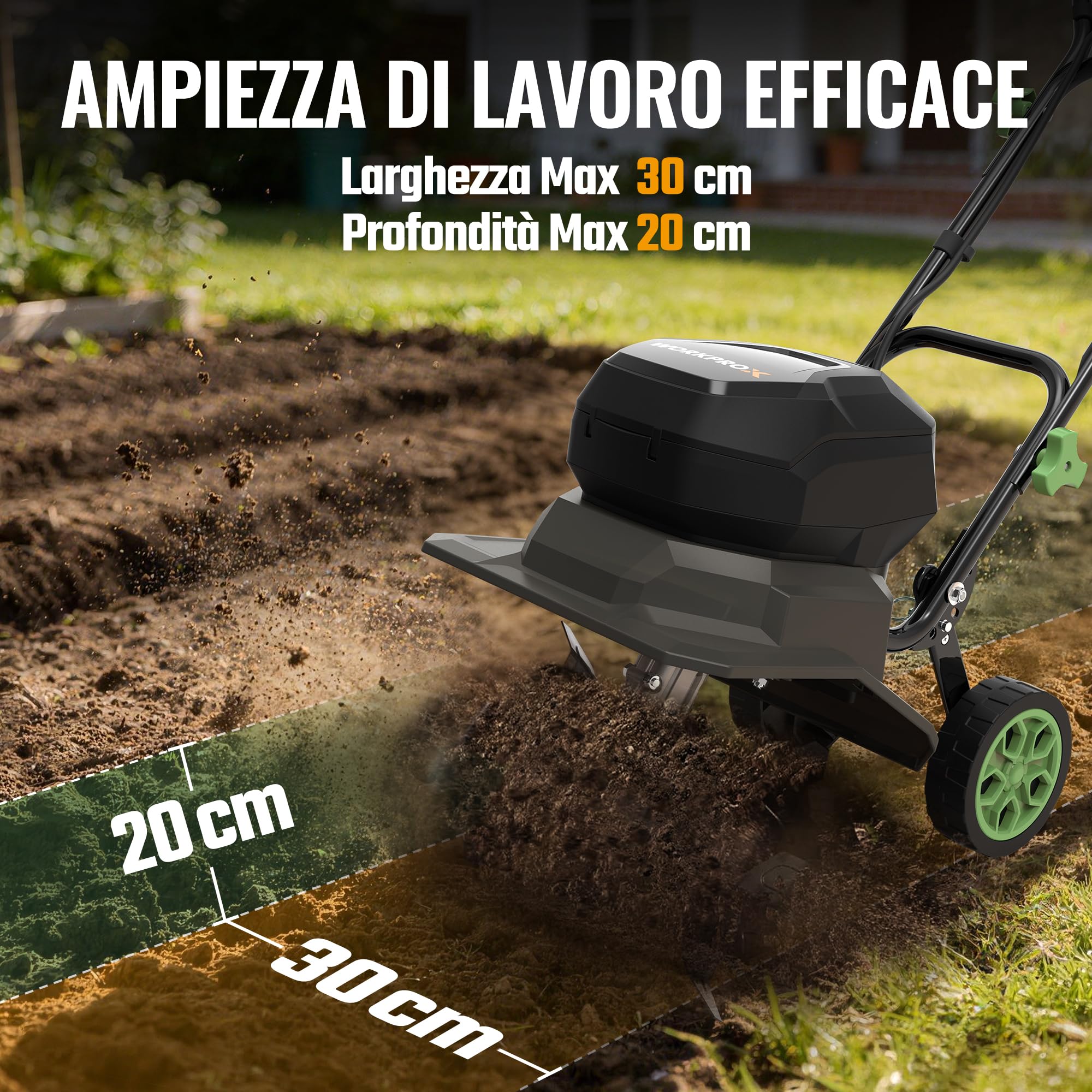 WORKPROX Motozappa Elettrica Senza Fili 40V, Lavoro 30 cm x 20 cm, doppia Batteria 4000 mAh, Manubrio Pieghevole, Ruote Regolabili in 4 Posizioni - Compatta e Silenziosa per Giardino, Orto e Frutteto
