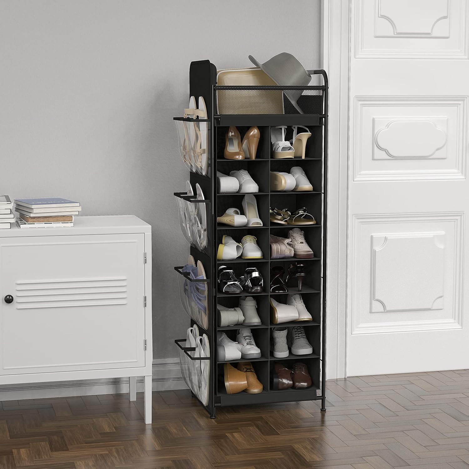 Simple Houseware 16 Cube Shoe Stand Tower Rack 8 Tier with Top Shelf and Side Hanging Pockets, Black