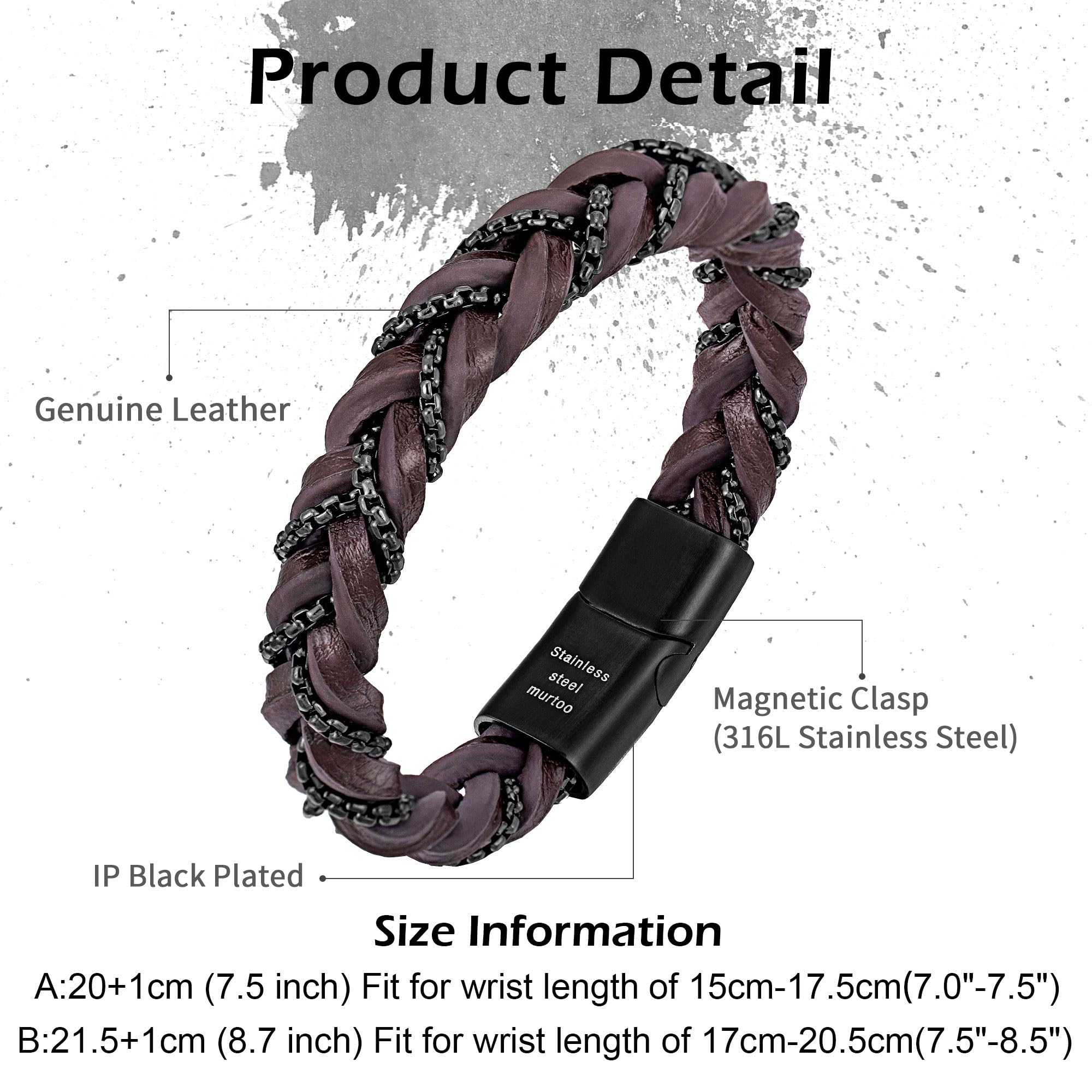 murtoo Bracelets « Manilles de la liberté » pour homme, bracelets en cuir tressé avec chaînes en acier et fermoir magnétique, cadeau élégant pour homme