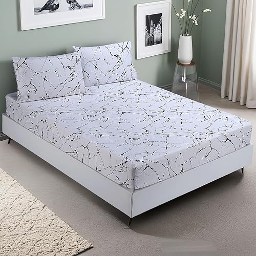 MAG Marble Bed Sheet 3Pcs White Queen Size Modern Pattern Printed Bedding Sheet Set with 1*Bottom Fitted Sheet with 2*Pillowcases, 14 Inches Deep