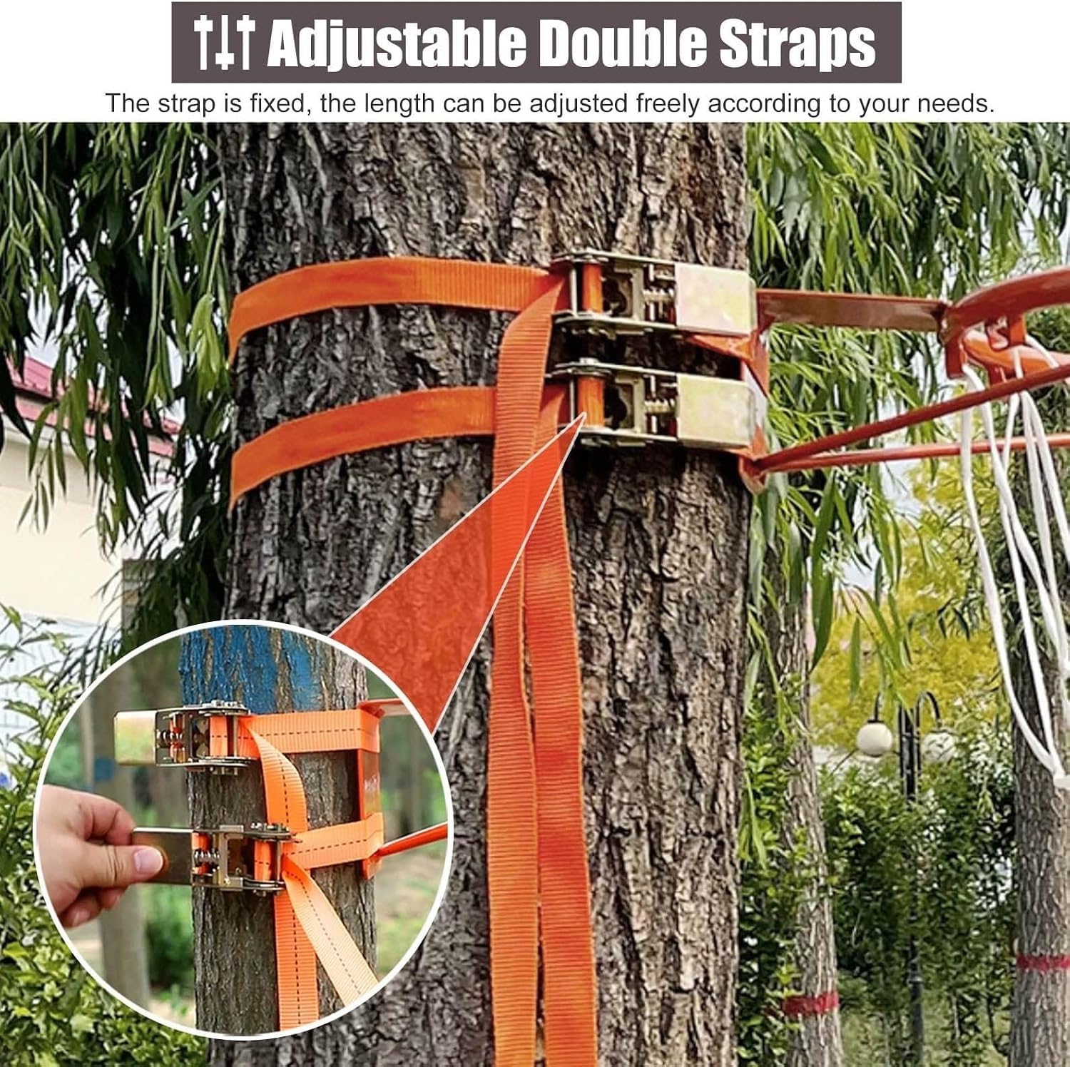 Aro de Baloncesto portátil for Exteriores, Borde de Metal de Doble Anillo de 18 Pulgadas con Red de Nailon y Correas Ajustables, for Todas Las Edades, Poste de árbol de fácil