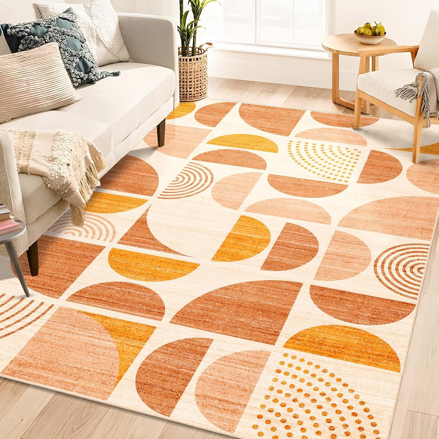 Tapis salle de séjour moderne beige orange jaune poil court