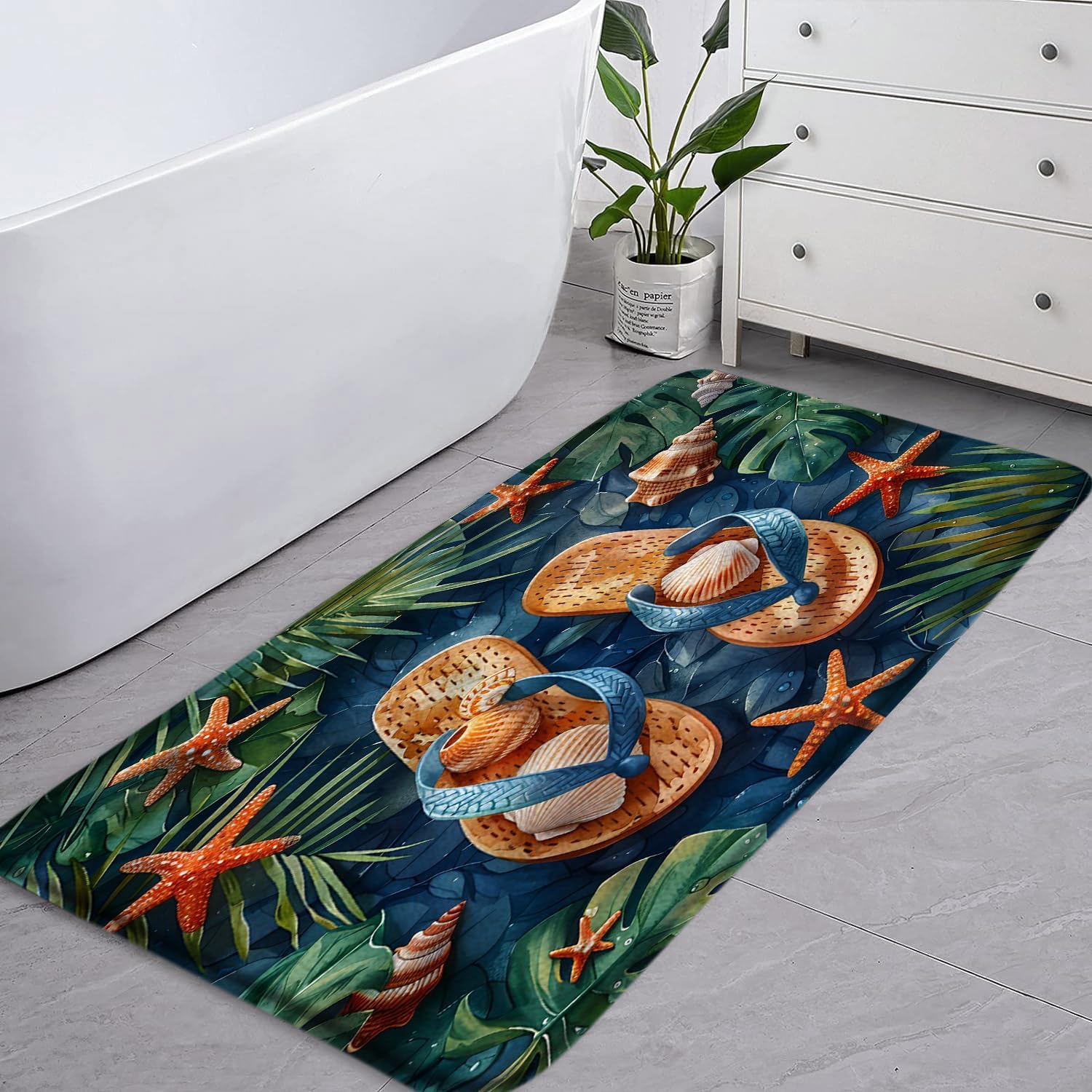 Summer Bath Mat Flip Flops Starfish Seashell Tropical Palm Leaf Monstera Beach Watercolor Memory Foam Soft Doormat Kitchen Bathroom Mat/Rugs, 16x48 Inch