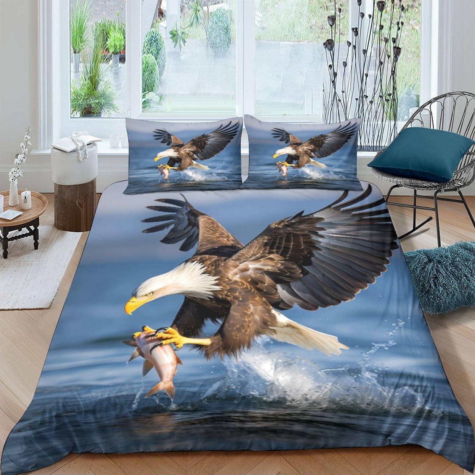 Ctjqhvkz Style-9 3D Printed Bald Eagle Hunting Fitted Sheet Microfiber Soft Blue River Scene Bed Cover For Bedroom Dorm Mattress Protection Single（135X200cm）