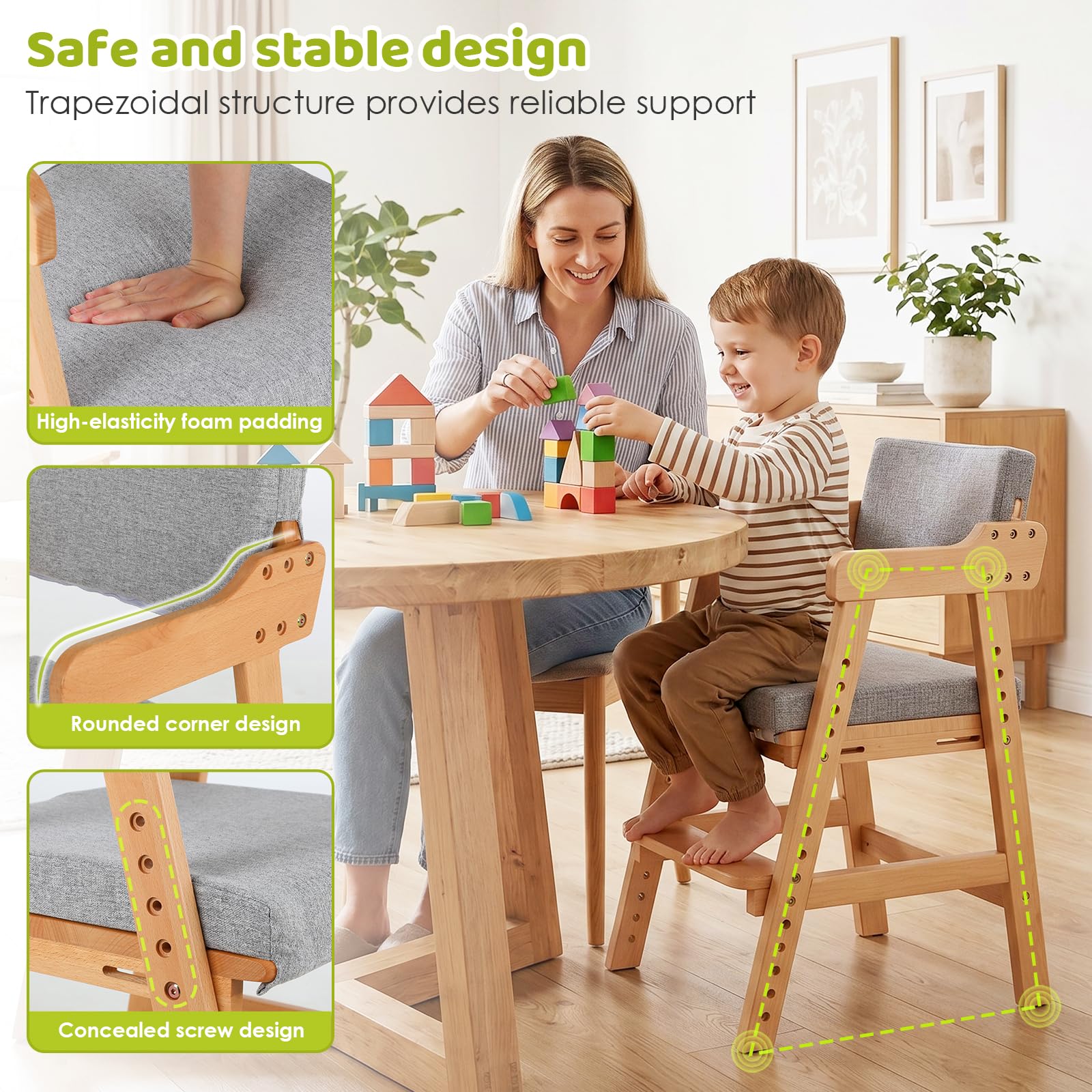 MAMIZO Chaise Enfant en Bois de Hêtre avec Coussin Confortable, Support 120 kg, Chaise Bureau Enfant pour Enfants dès 3 Ans et Plus, Idéale Salle à Manger, Chambre, Salon, Couleur Bois Naturel