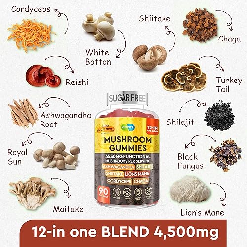 Miniatura 8 de Gomitas de hongos 12 en 1 4550 mg con Ashwagandha Shilajit melena de león Cordyceps Shiitake Chaga - Suplemento complejo de hongos para adultos -