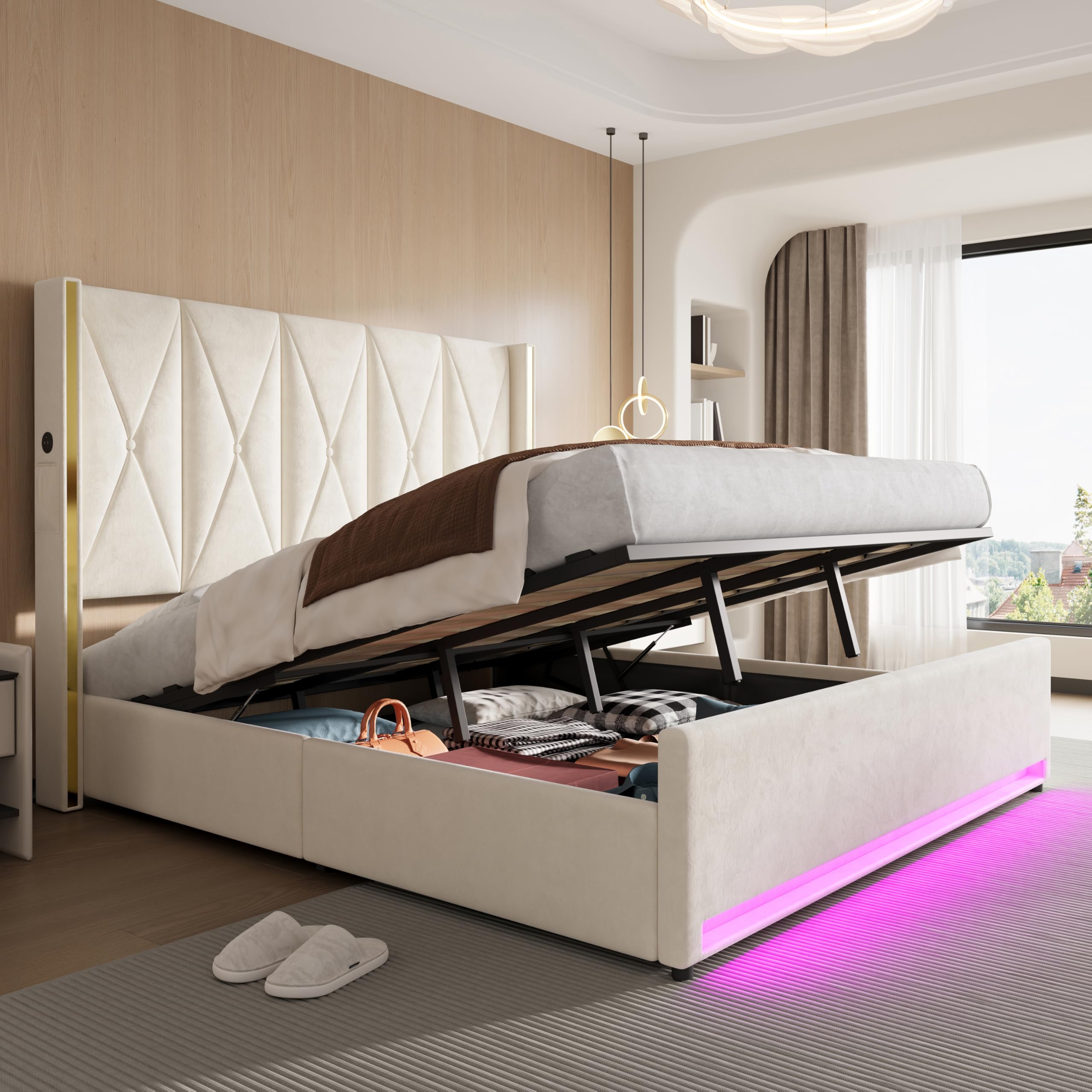Zepneiy Lit 180x200 avec tête de lit Haute rembourrée et matelassée, Lit Double avec système hydraulique et Poches latérales, Ports USB et éclairage LED, Velours Beige(sans Matelas)