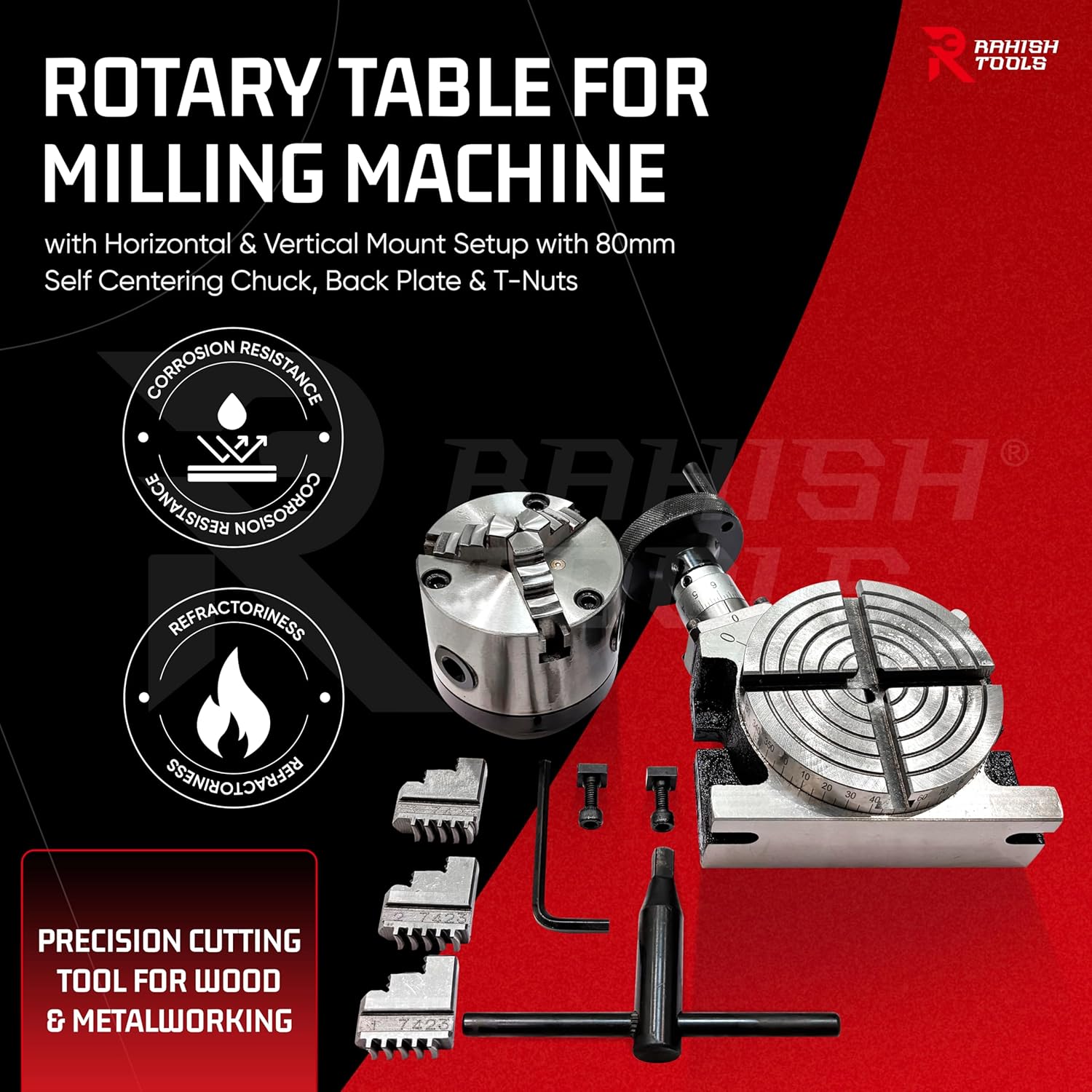 4" (100mm) Rotary Table for Milling Machine - Horizontal & Vertical Mount Setup with 80mm Self Centering Chuck, Back Plate & T-Nuts - Precision Cutting Tool for Wood & Metalworking