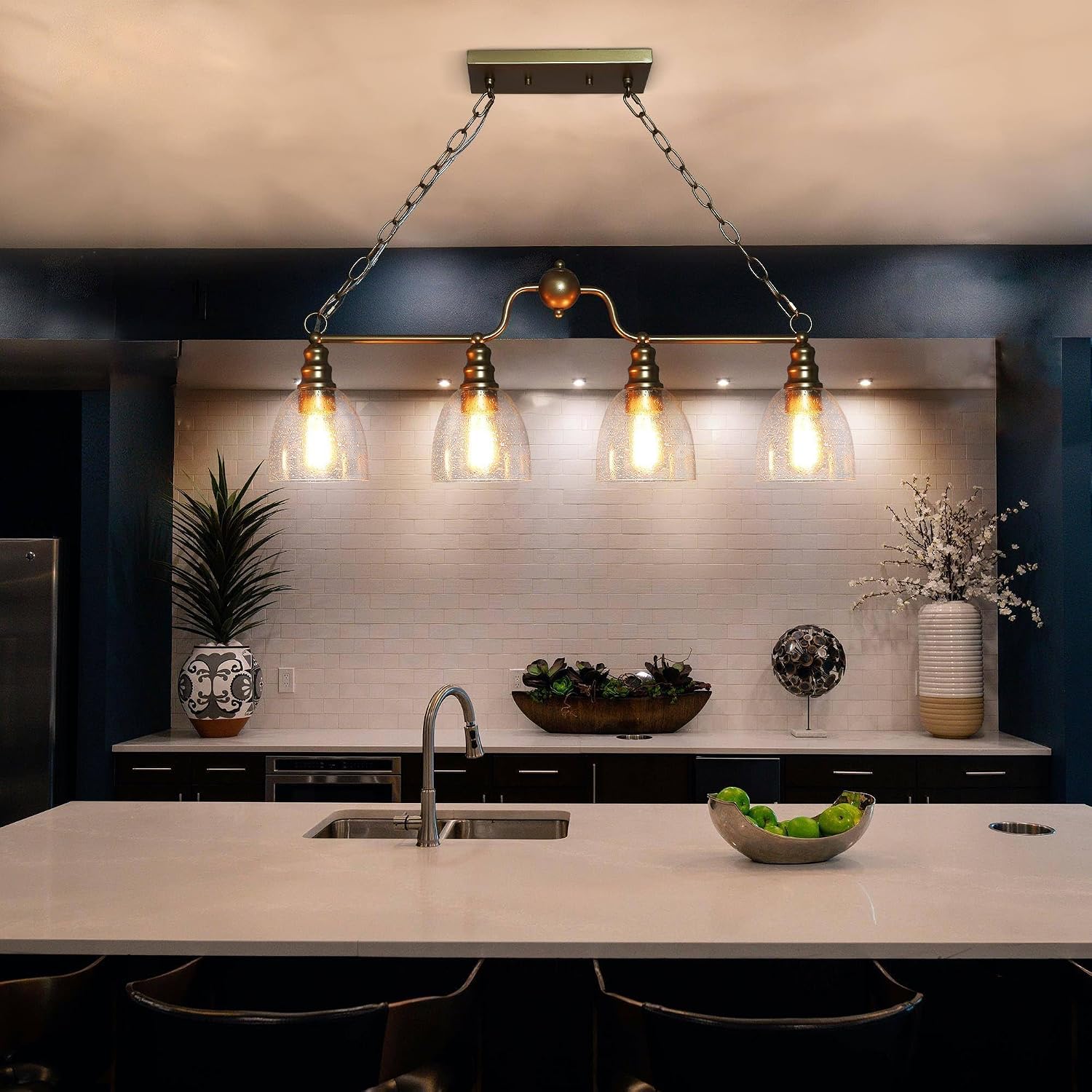 KSANA Gold Kitchen Island Lighting, 4 Light Modern Ceiling Pendant Light Linear Chandelier with Seeded Glass Dining Room Light Fixture for Kitchen, Hallway and Foyer