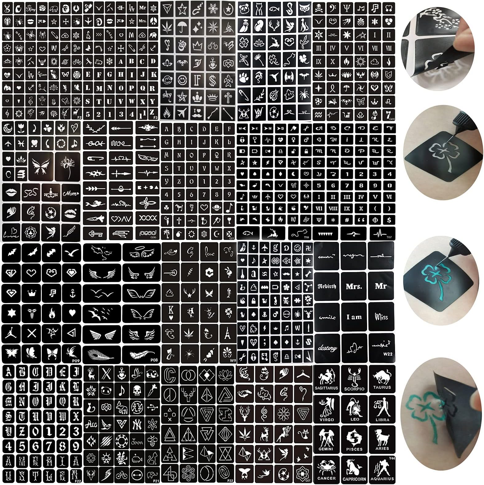 778pcs Temporary Tattoos Stencils 20 Sheets Henna Tattoo Stencil Kit Face and Body Paint Stencils Kit Glitter Tattoos Stencils for Kids School Show Birthdays Halloween Christmas Party Favor Supplies