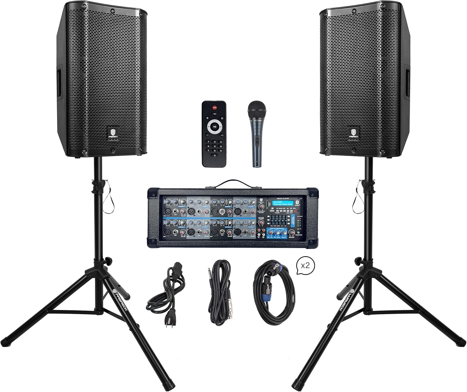 PRORECK Delta 128 2400W Bluetooth PA Speaker System with 8-Channel Powered Mixer, 2 12-Inch Passive Speakers, Stands, Reverb Effects, 15V Phantom Power. Perfect for DJs, Bands, Karaoke, Live Events