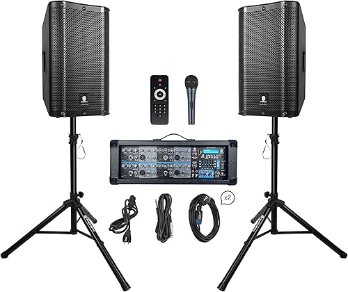 PRORECK Delta 128 Sistema de altavoces PA Bluetooth de 2400 W con mezclador alimentado por 8 canales, 2 altavoces pasivos de 12 pulgadas, soportes,