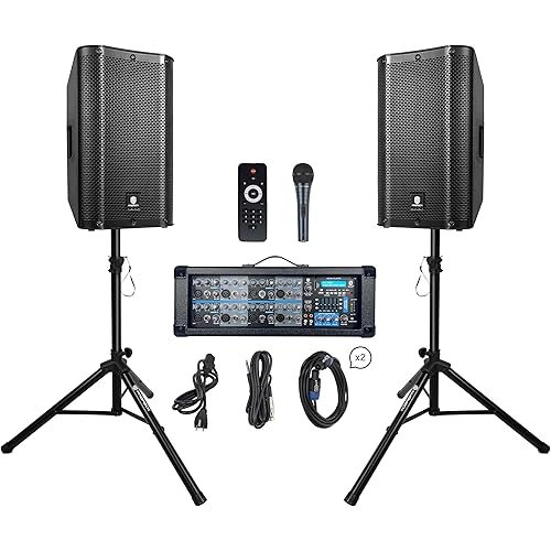 PRORECK Delta 128 2400W Bluetooth PA Speaker System with 8-Channel Powered Mixer, 2 12-Inch Passive Speakers, Stands, Reverb Effects, 15V Phantom Power. Perfect for DJs, Bands, Karaoke, Live Events