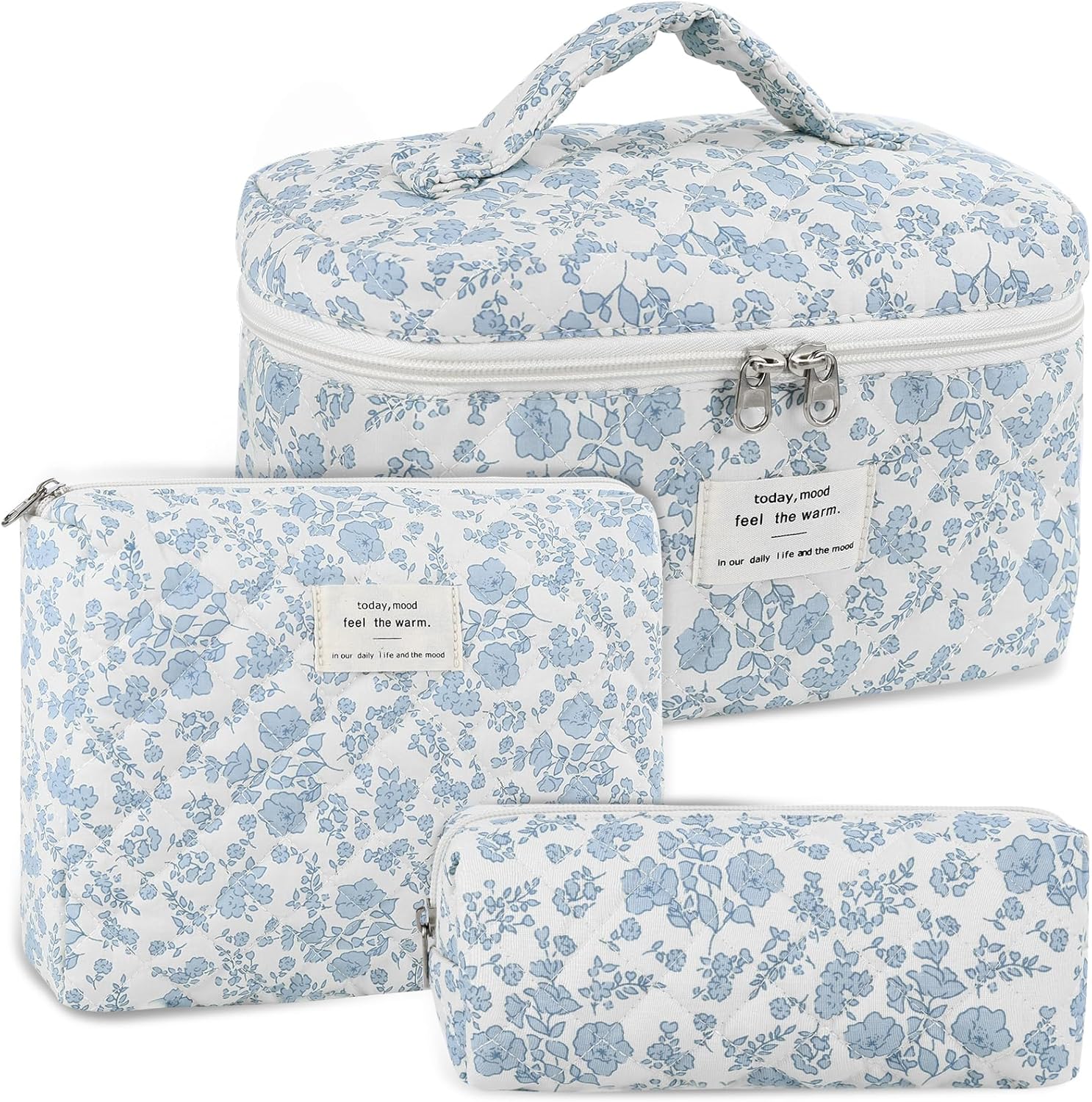 Anfly Makeup Bag, Quilted Cosmetic Bags, Large Floral Make Up Bag for Women, Cute Cotton Makeup Bag 3PC Set, Travel Toiletry Bag (Blue)