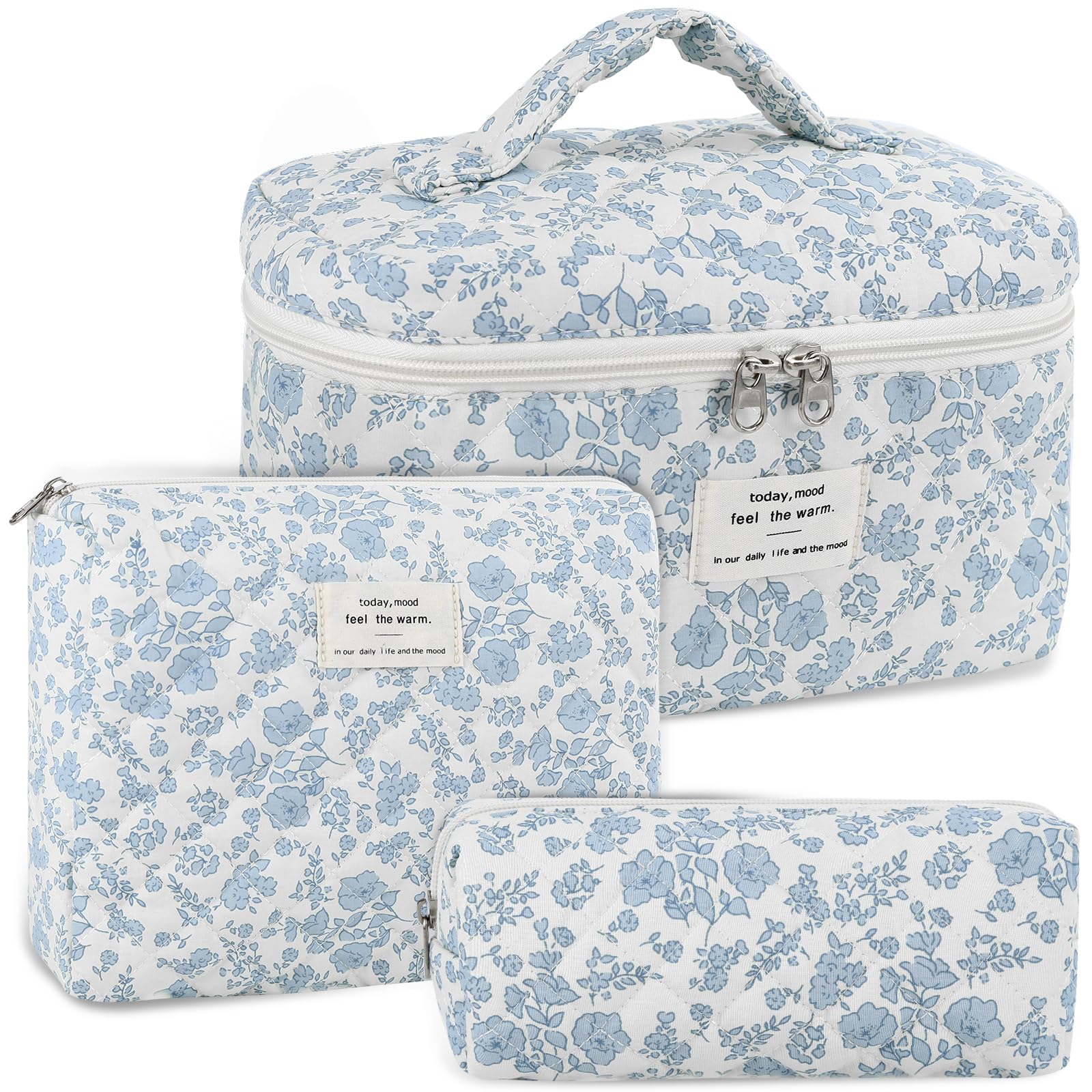 Anfly Makeup Bag, Quilted Cosmetic Bags, Large Floral Make Up Bag for Women, Cute Cotton Makeup Bag 3PC Set, Travel Toiletry Bag (Blue)