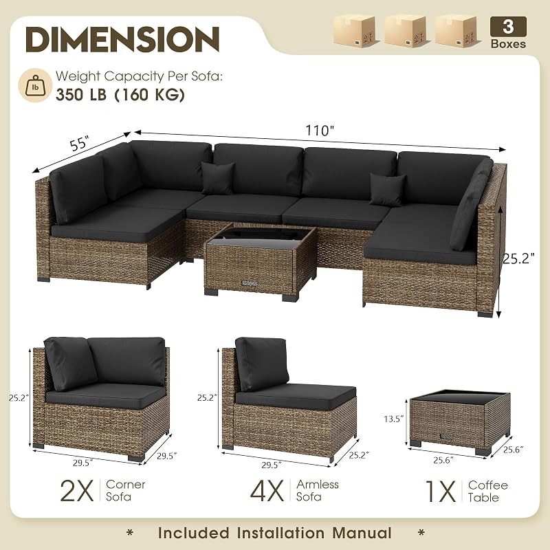 LHBcraft 7 Piece Outside Sectional Furniture Set, All Weather Wicker Patio Sofa, Outdoor Sectional Balcony Furniture with Black Cushion & Glass Coffee Table image 6