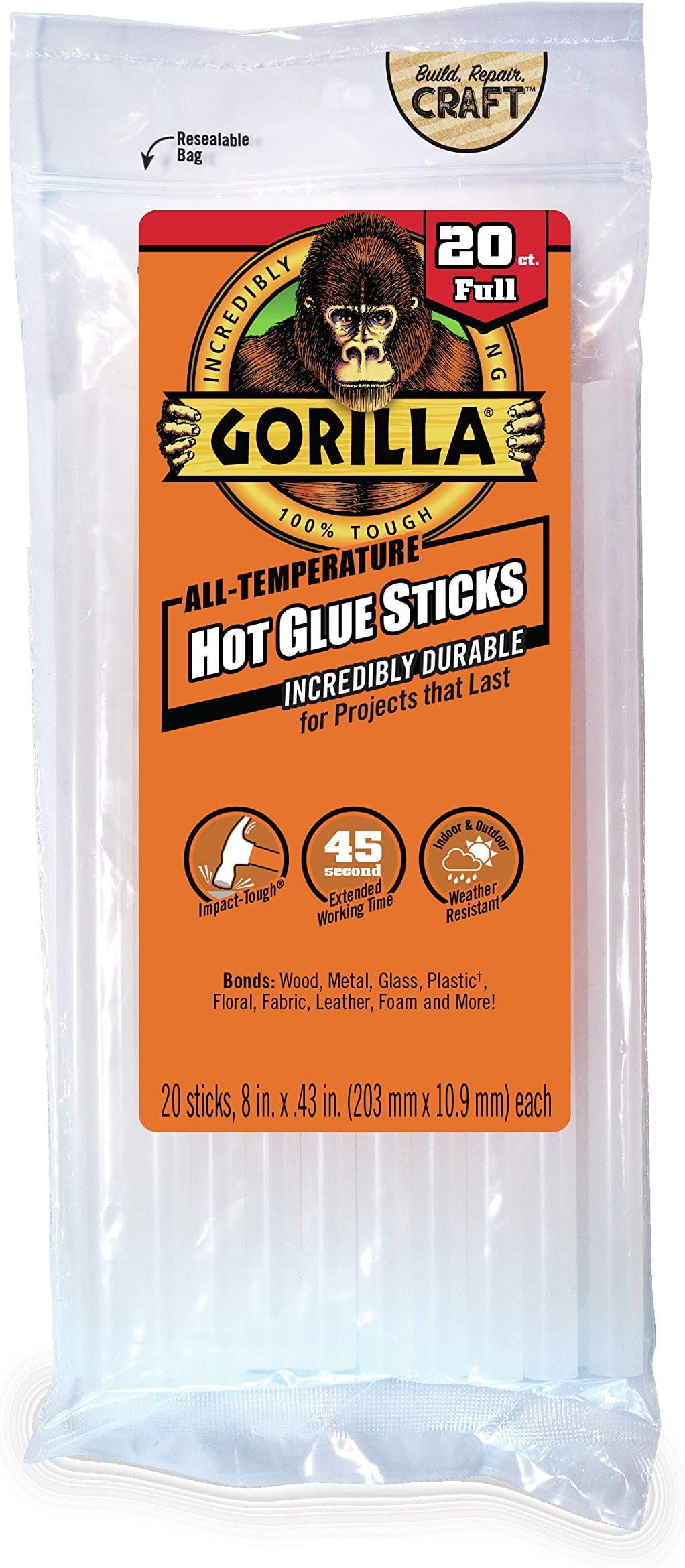 Gorilla 3032016 Hot Glue Sticks 8" Full Size (20 Count), Clear