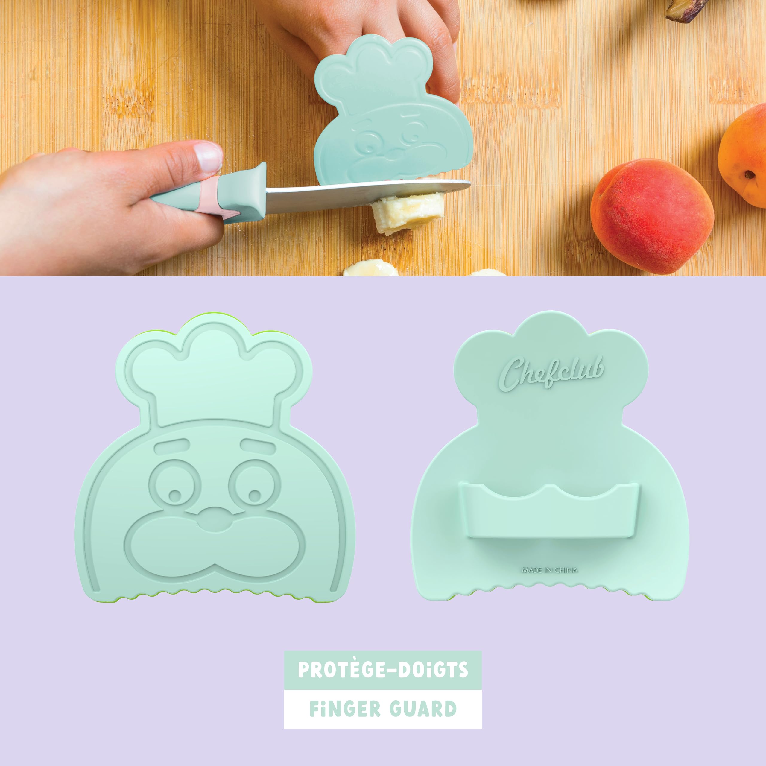 CHEFCLUB KIDS - Kit de cuchillos de cocina para niños - Hoja de acero inoxidable - Protector de dedos y hoja - Utensilio seguro y ergonómico - Rosa y verde pastel - Ideal a partir de 7 años