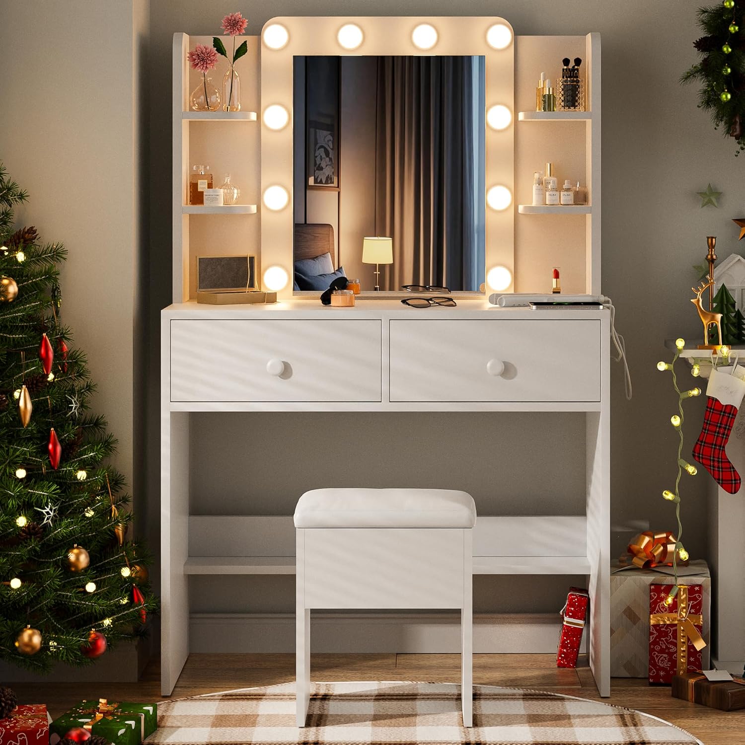 Haewon White Makeup Vanity Desk with Mirror and Lights, Small Vanity Table Set with Power Outlets, Storage Drawers and Chair, Dressing Table with 10 LED Bulbs and 3 Color Lighting Modes for Bedroom
