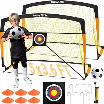 Happy Jump 7x5' & 5x3.6' Portable Soccer Goals for Kids Ages 6-14, Weatherproof Net and Steel Frame for Backyard Fun and Outdoor Training, Quick Setup and Sturdy for All Weather Conditions