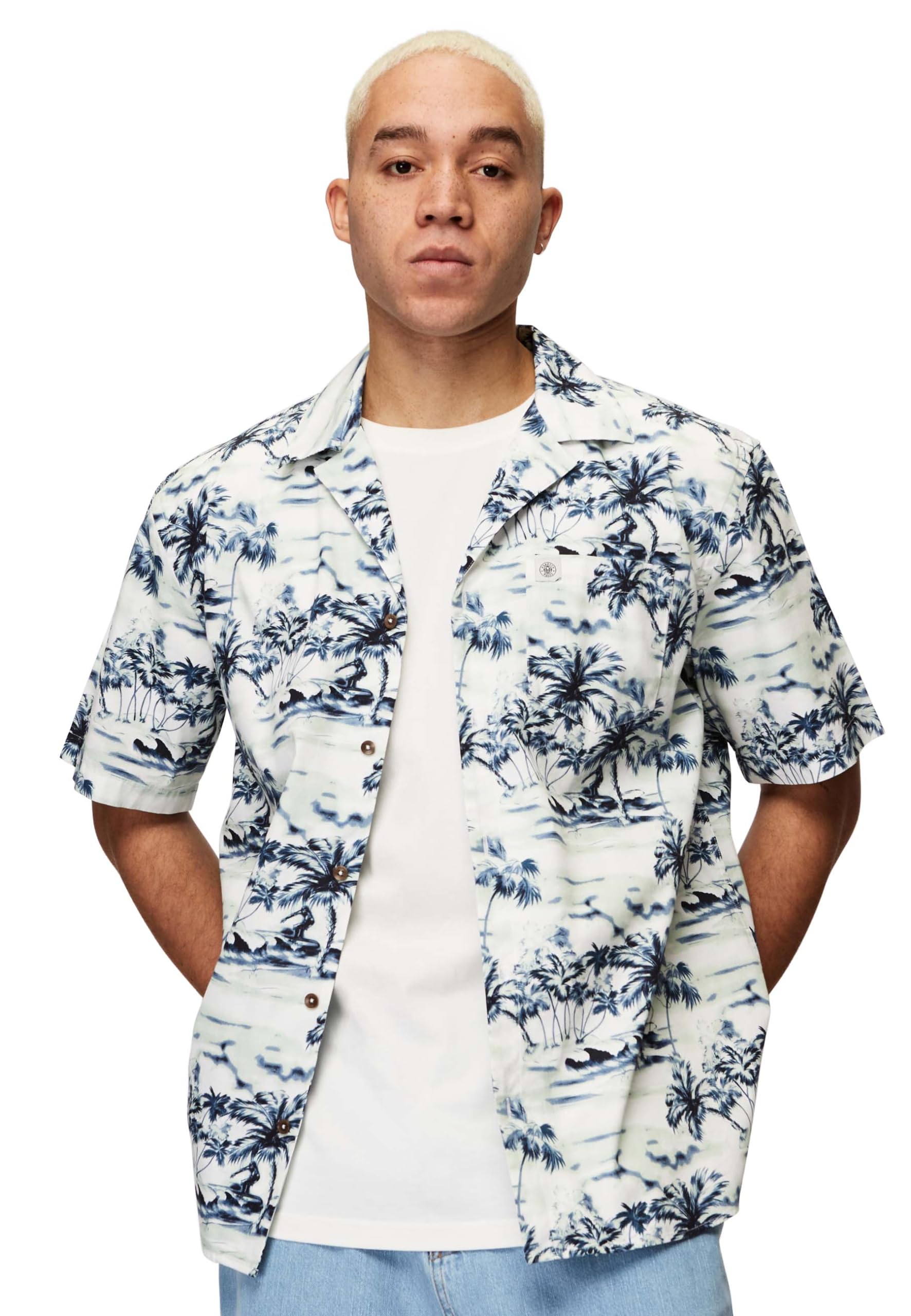 Honesty Rules Kurzarm Hawaiihemd Herren, Loose Fit Hemd aus 100% Bio-Baumwolle, nachhaltiges Twill Kurzarmhemd mit Print, Hemdblusenkragen, Brusttasche & Knopfleiste
