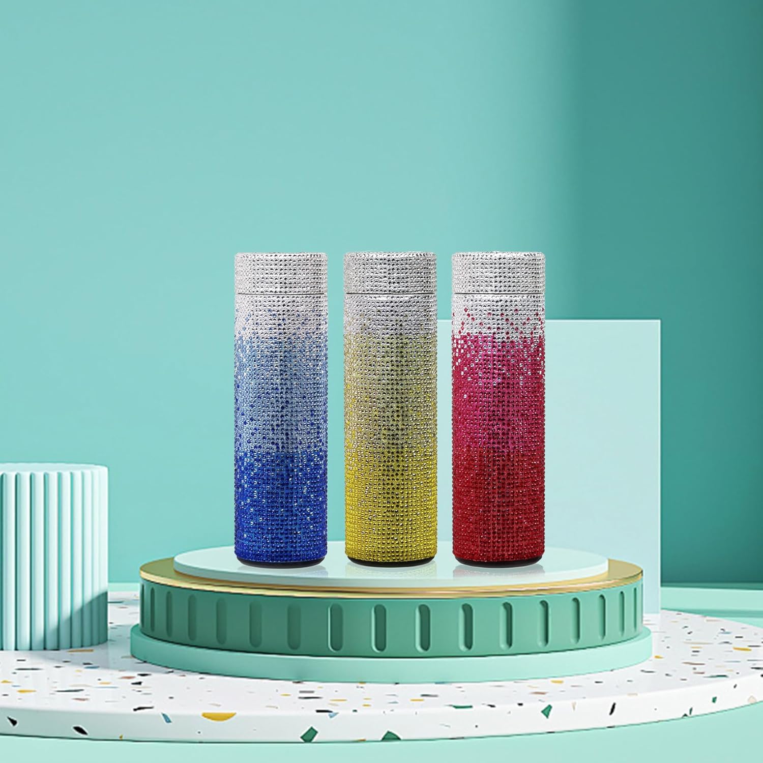 17oz Bling Rhinestone Stainless Steel Water Bottle - LED Display Vacuum Insulated Diamond Tumbler, Gift for Women, Girls and Kids, White+Blue