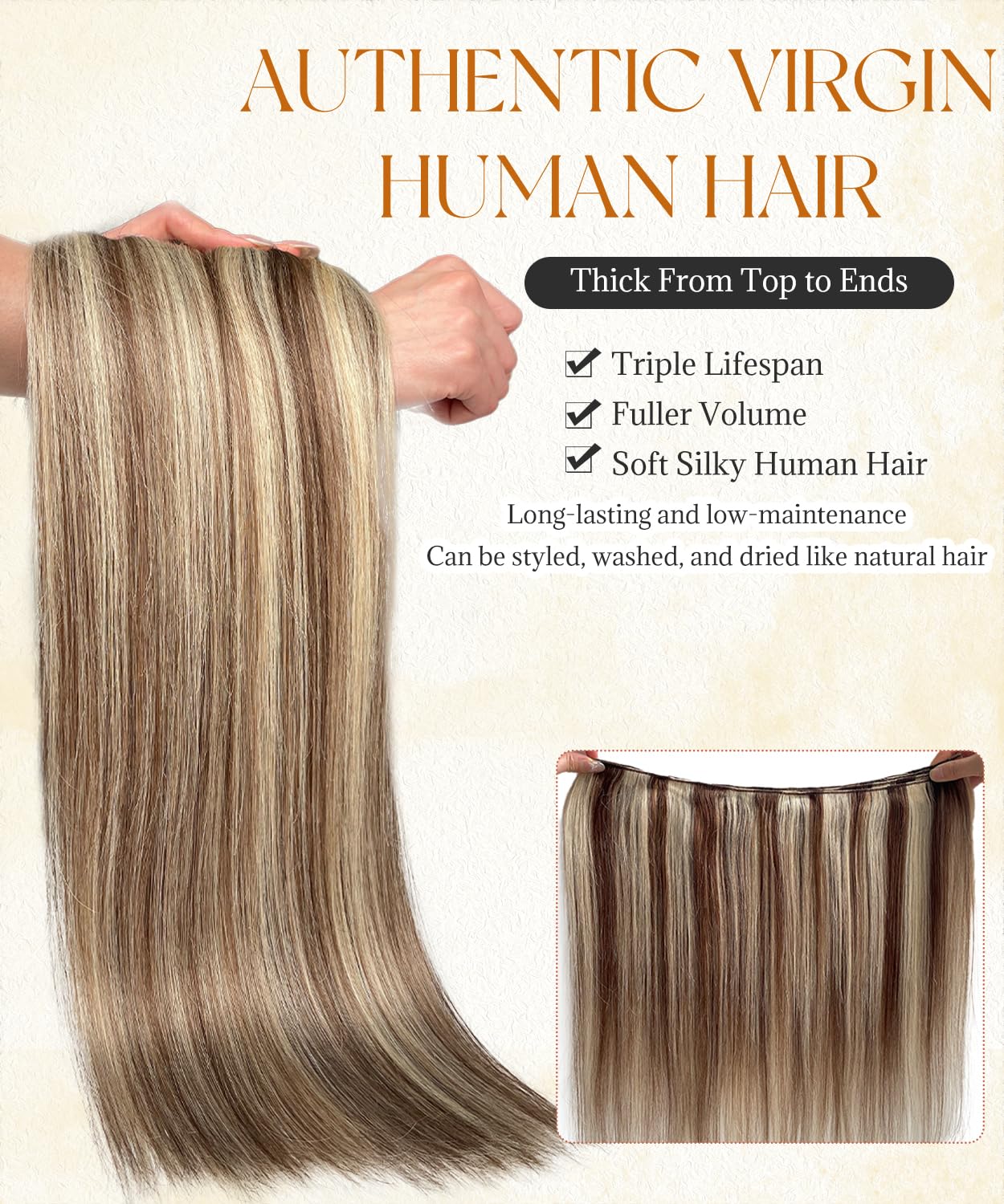 Extension di capelli umani da cucire a livello di salone di bellezza, tessitura a mano, ad alta densità, flessibile, senza miscela sintetica, non perde capelli, tripla durata, spessore naturale, da