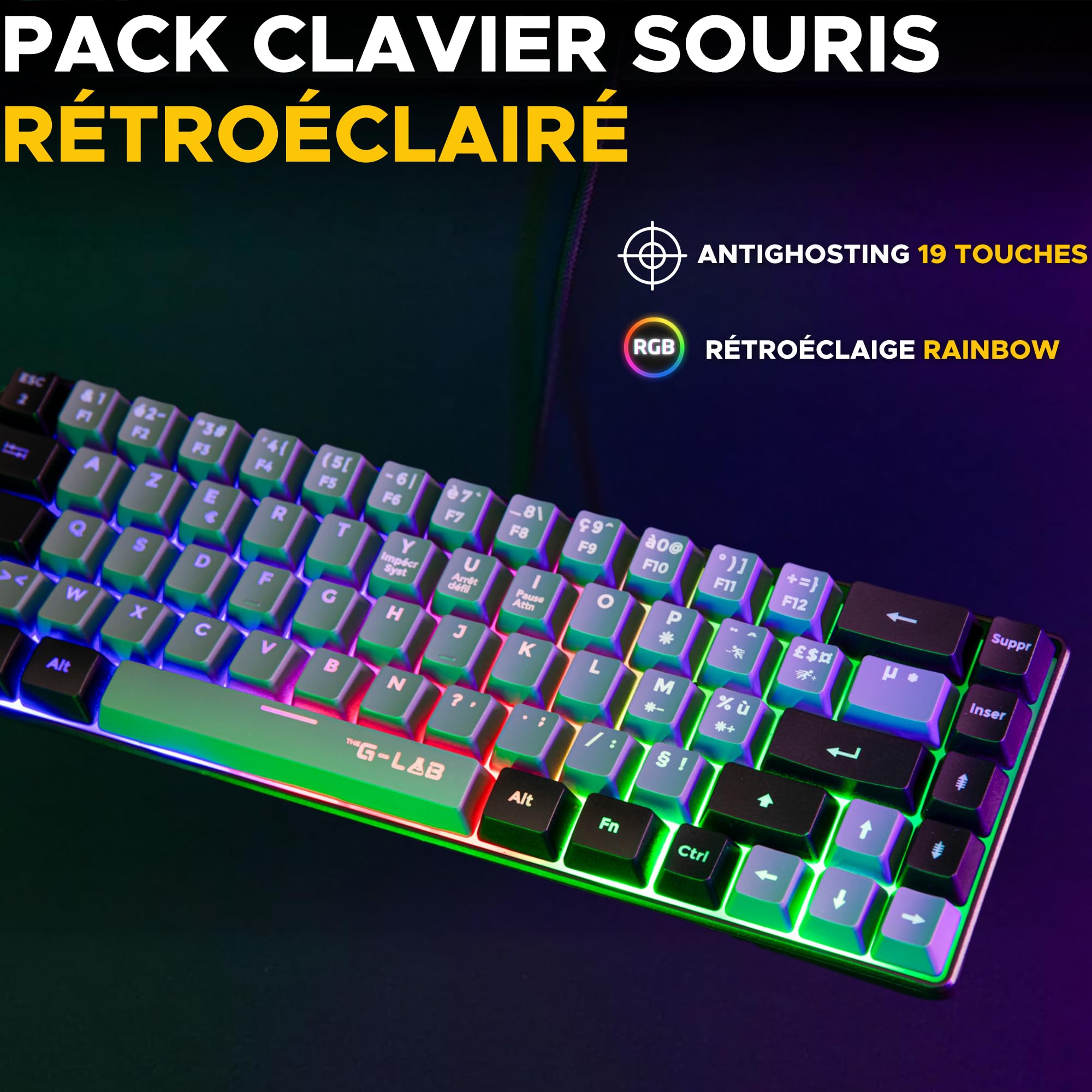 The G-Lab - Combo Hydrogen - Pack Clavier Souris Gamer, Clavier Gamer 65% Filaire, Rétroéclairage RGB, azerty, Format Compact + Souris Gaming RGB, 6 Boutons, 7200 DPI - PC/PS4/PS5 – Gris/Noir