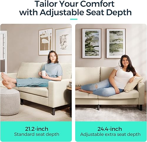 Miniatura 7 de LINSY Sofá biplaza beige sofá biplaza de pana con profundidad de asiento ajustable, funda extraíble, marco de madera maciza, sofá de 2 plazas para