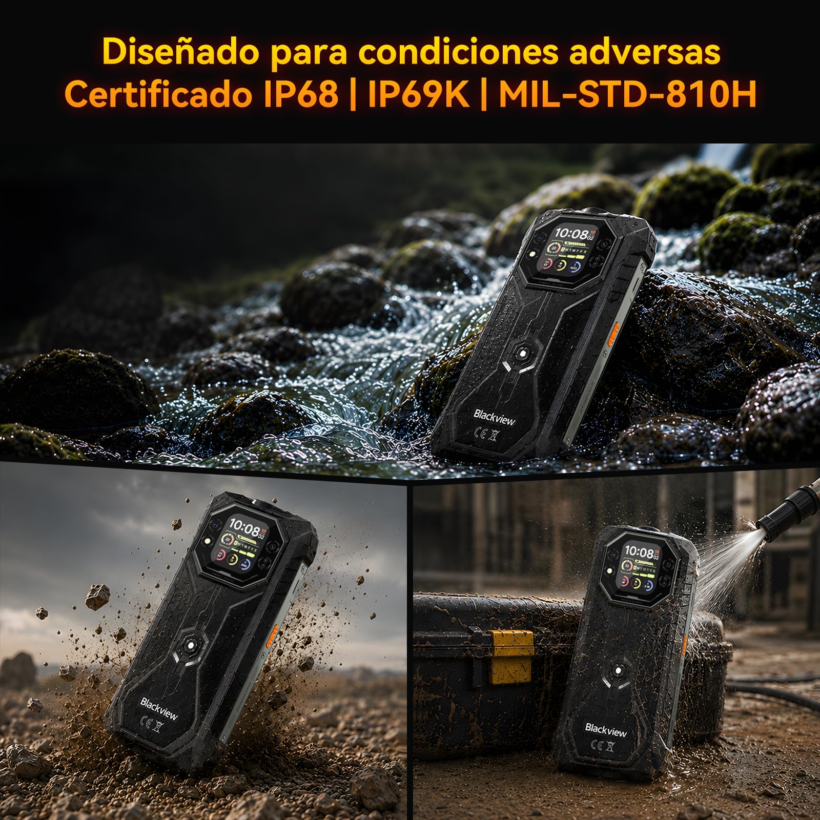 Blackview Rock 1 Android 16 Móvil Resistente 15000mAh, Móvil Irrompible para Aventureros y Senderismo, Doble Pantalla, 24GB+256GB, Visión Nocturna 20MP, Gemini AI, NFC, 3 Años de Garantía