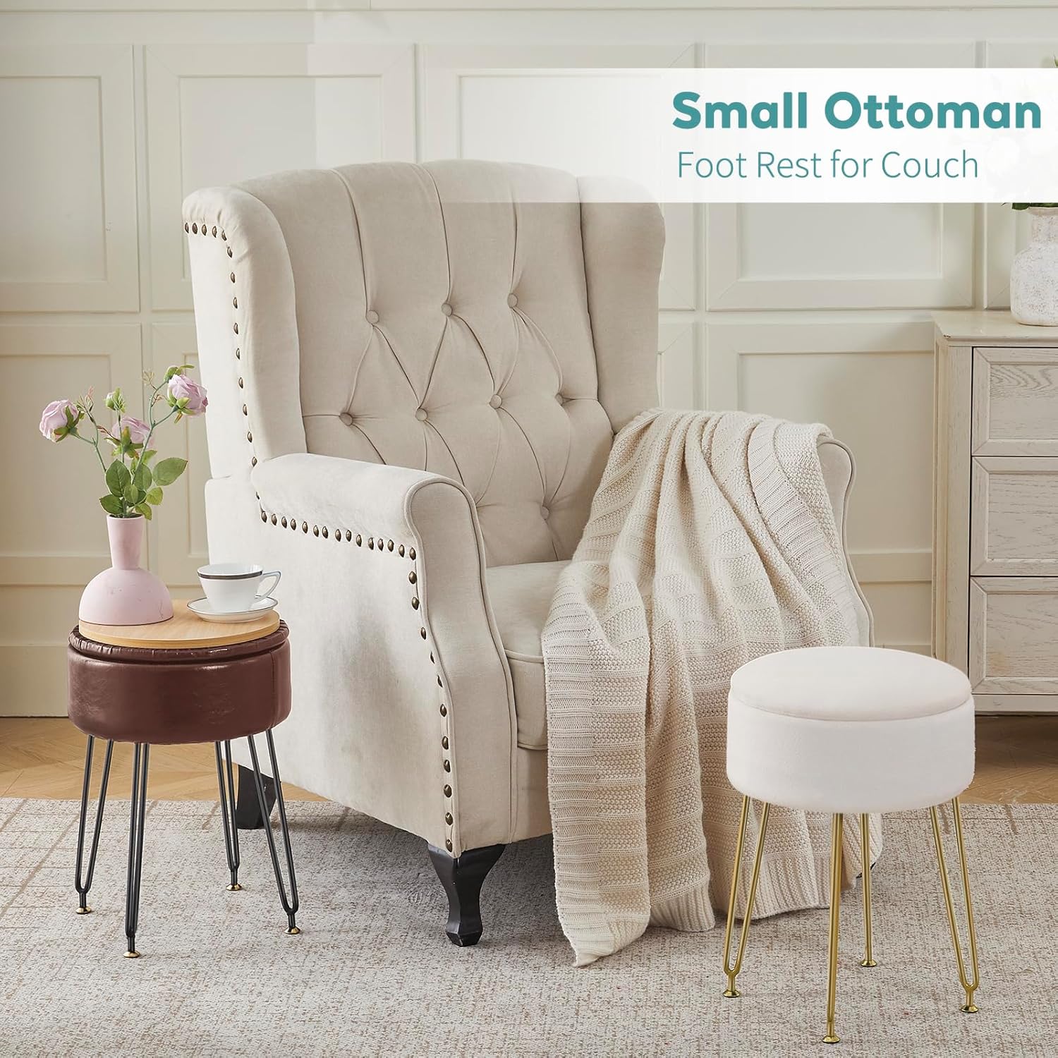 BRIAN & DANY Vanity Stool, Velvet Vanity Stool Chair with Storage, Round Makeup Chair Soft Padded Seat with Legs for Bedroom (Beige)