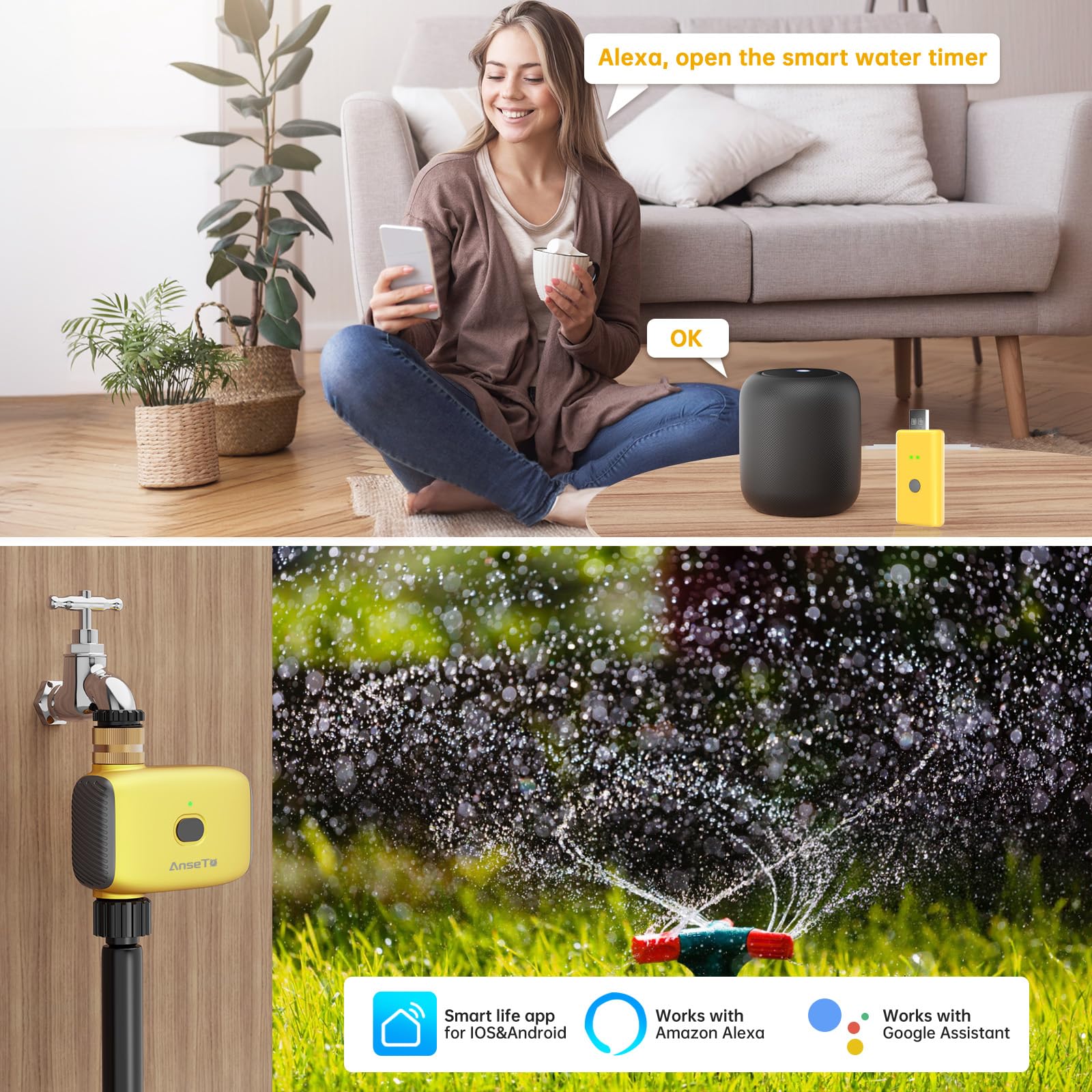Centralina per Irrigazione WiFi da Rubinetto con Ingresso in Ottone | Timer Programmabile con WiFi Hub, Controllo Tramite APP, Irrigazione Automatica e Funzione Ritardo Pioggia per Giardini,Serre