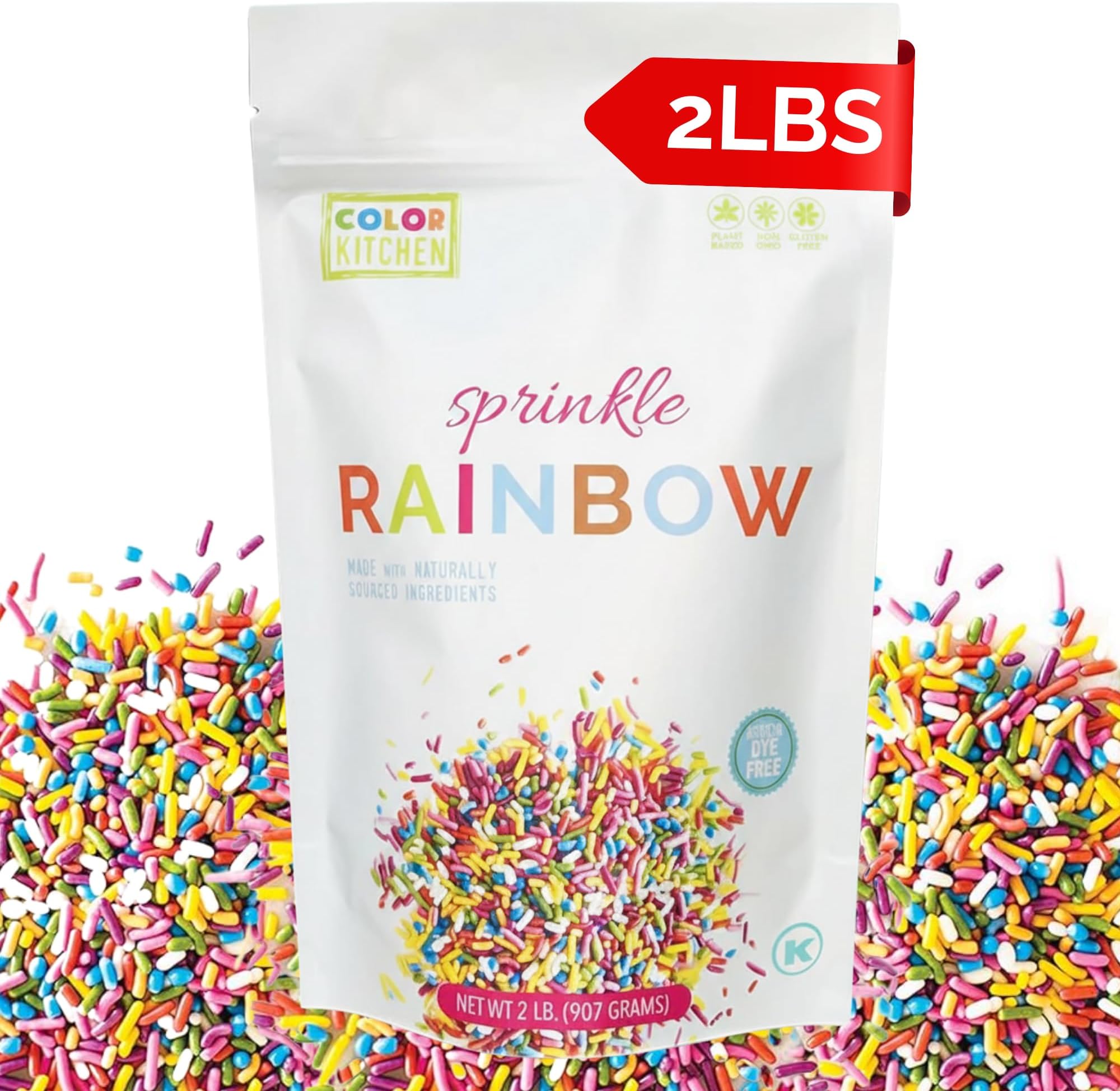 Rainbow Sprinkles Natural Ingredients Baking Cake Decorations, Ice Cream, Cookie, Artificial Dye-free, Plant-Based Colors, Gluten-Free, Non-GMO, No Hydrogenated Oils, Soy-Free, Kosher, 2 LB