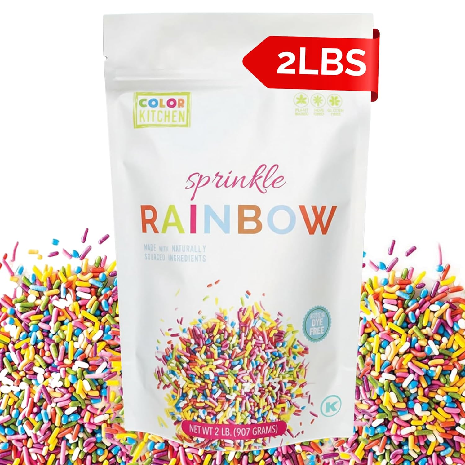 Color Kitchen Rainbow Sprinkles Natural Ingredients Baking Cake Decorations, Ice Cream, Cookie, Artificial Dye-free, Plant-Based Colors, Gluten-Free, Non-GMO, No Hydrogenated Oils, Soy-Free, Kosher, 2 LB