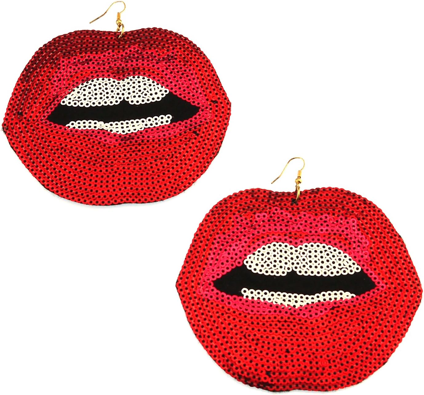 Red open lips kiss bright color sequin earrings on fish hooks. Very large and very light. Kisses.