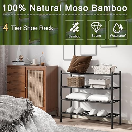 Miniatura 106 de Zapatero de bambú de 2 niveles para entrada, apilable, resistente, multifuncional, zapatero independiente para dormitorio, pasillo, armario Natural